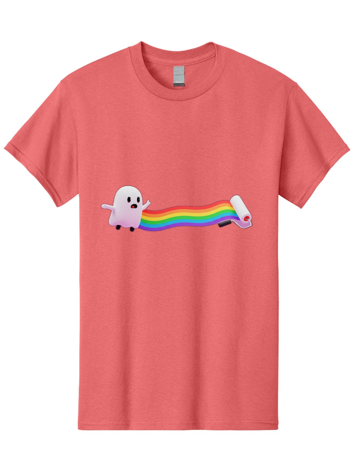 Pink-Blob-Rolling-Tape Men'S Graphic Tee, 100% Cotton, Comfortable Casual Summer Wear, Machine Washable, Cute Ghost, Rainbow Ribbon, Rolled-Up End, Whimsical Design, Playful Scene, Cartoon Style, Colorful Tape, Illustration Art, Bad423 7