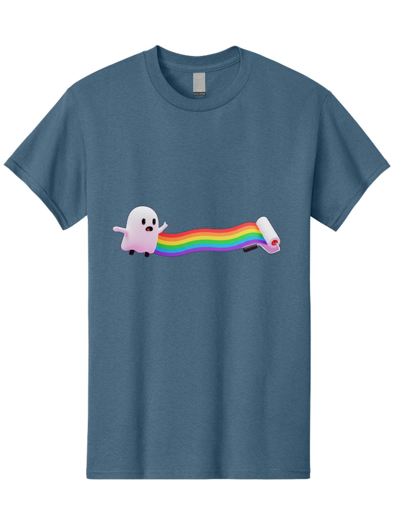 Pink-Blob-Rolling-Tape Men'S Graphic Tee, 100% Cotton, Comfortable Casual Summer Wear, Machine Washable, Cute Ghost, Rainbow Ribbon, Rolled-Up End, Whimsical Design, Playful Scene, Cartoon Style, Colorful Tape, Illustration Art, Bad423