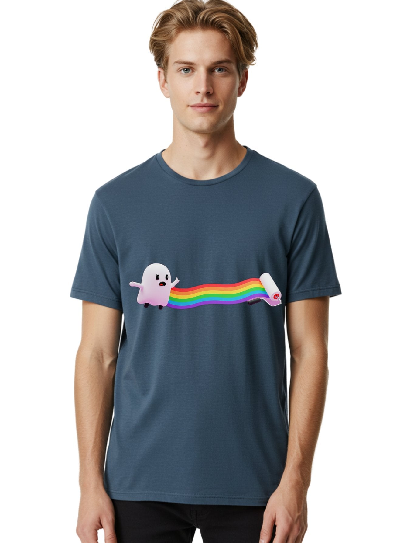 Pink-Blob-Rolling-Tape Men'S Graphic Tee, 100% Cotton, Comfortable Casual Summer Wear, Machine Washable, Cute Ghost, Rainbow Ribbon, Rolled-Up End, Whimsical Design, Playful Scene, Cartoon Style, Colorful Tape, Illustration Art, Bad423 19