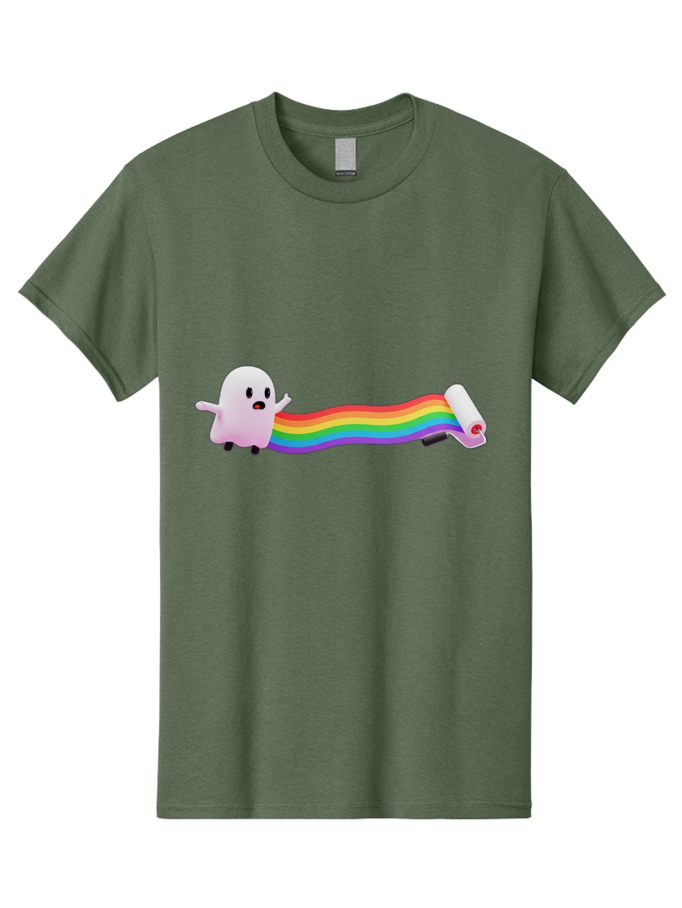 Pink-Blob-Rolling-Tape Men'S Graphic Tee, 100% Cotton, Comfortable Casual Summer Wear, Machine Washable, Cute Ghost, Rainbow Ribbon, Rolled-Up End, Whimsical Design, Playful Scene, Cartoon Style, Colorful Tape, Illustration Art, Bad423 6