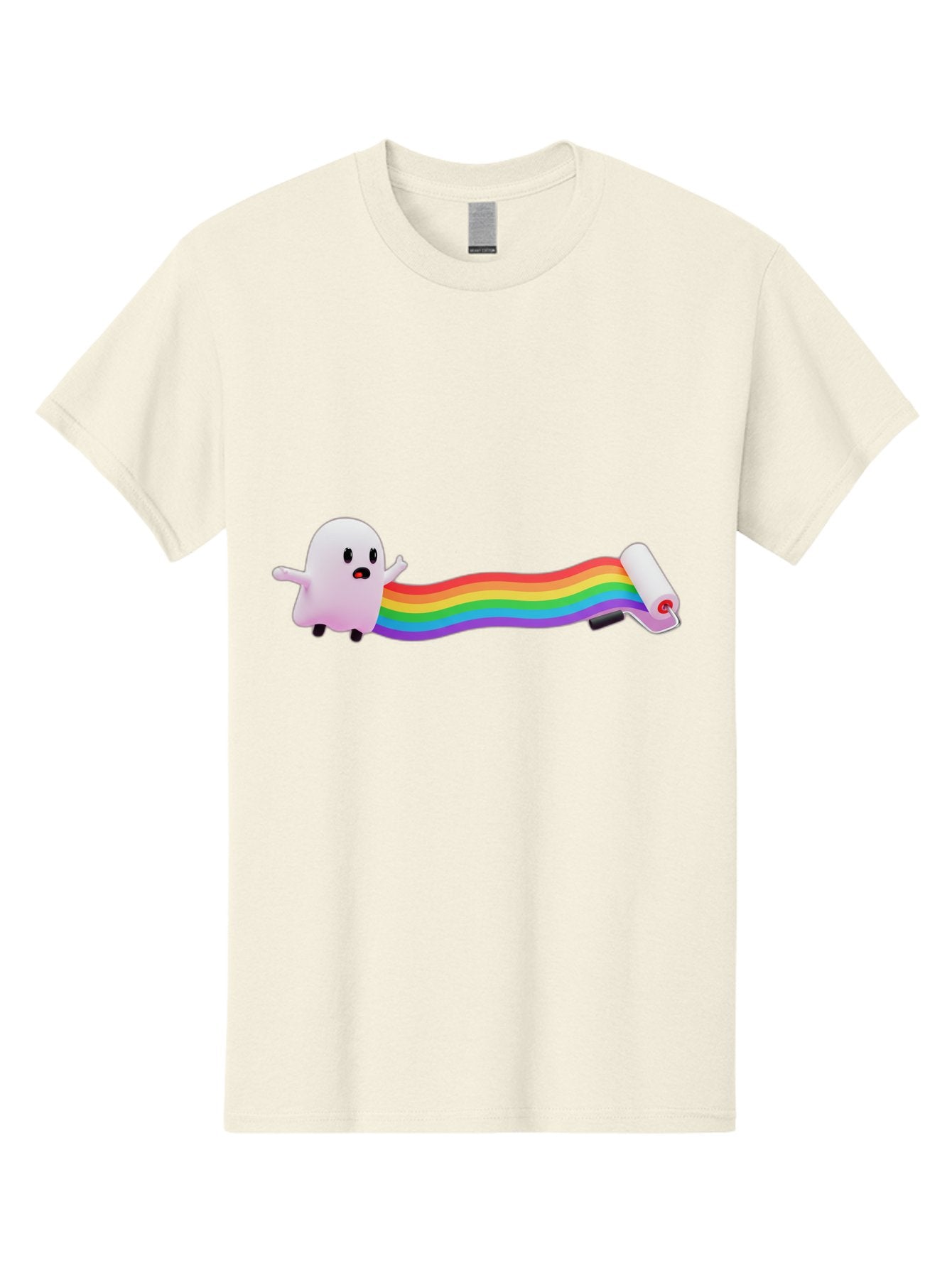 Pink-Blob-Rolling-Tape Men'S Graphic Tee, 100% Cotton, Comfortable Casual Summer Wear, Machine Washable, Cute Ghost, Rainbow Ribbon, Rolled-Up End, Whimsical Design, Playful Scene, Cartoon Style, Colorful Tape, Illustration Art, Bad423 9