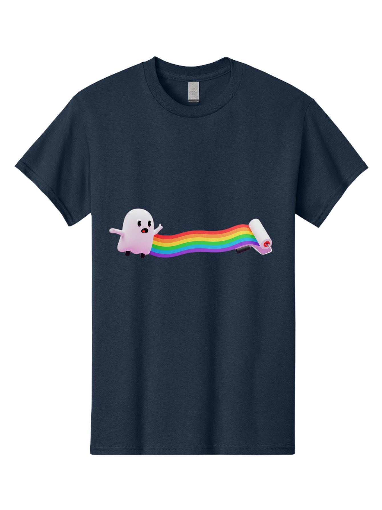 Pink-Blob-Rolling-Tape Men'S Graphic Tee, 100% Cotton, Comfortable Casual Summer Wear, Machine Washable, Cute Ghost, Rainbow Ribbon, Rolled-Up End, Whimsical Design, Playful Scene, Cartoon Style, Colorful Tape, Illustration Art, Bad423