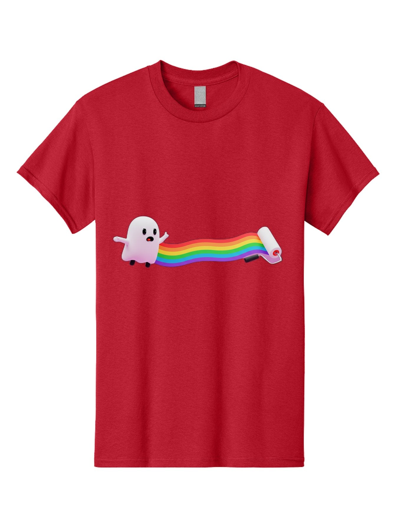 Pink-Blob-Rolling-Tape Men'S Graphic Tee, 100% Cotton, Comfortable Casual Summer Wear, Machine Washable, Cute Ghost, Rainbow Ribbon, Rolled-Up End, Whimsical Design, Playful Scene, Cartoon Style, Colorful Tape, Illustration Art, Bad423 10