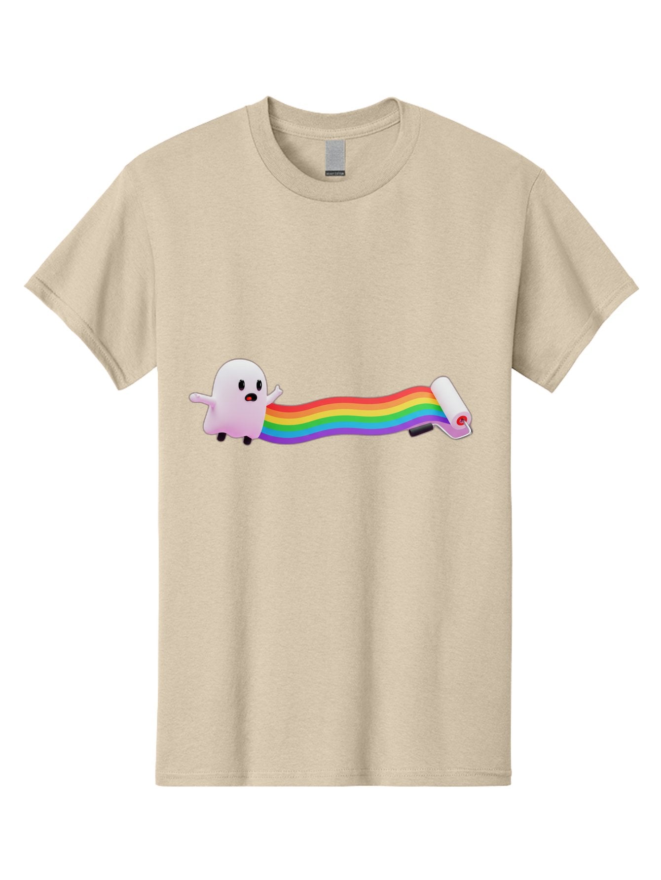 Pink-Blob-Rolling-Tape Men'S Graphic Tee, 100% Cotton, Comfortable Casual Summer Wear, Machine Washable, Cute Ghost, Rainbow Ribbon, Rolled-Up End, Whimsical Design, Playful Scene, Cartoon Style, Colorful Tape, Illustration Art, Bad423 13