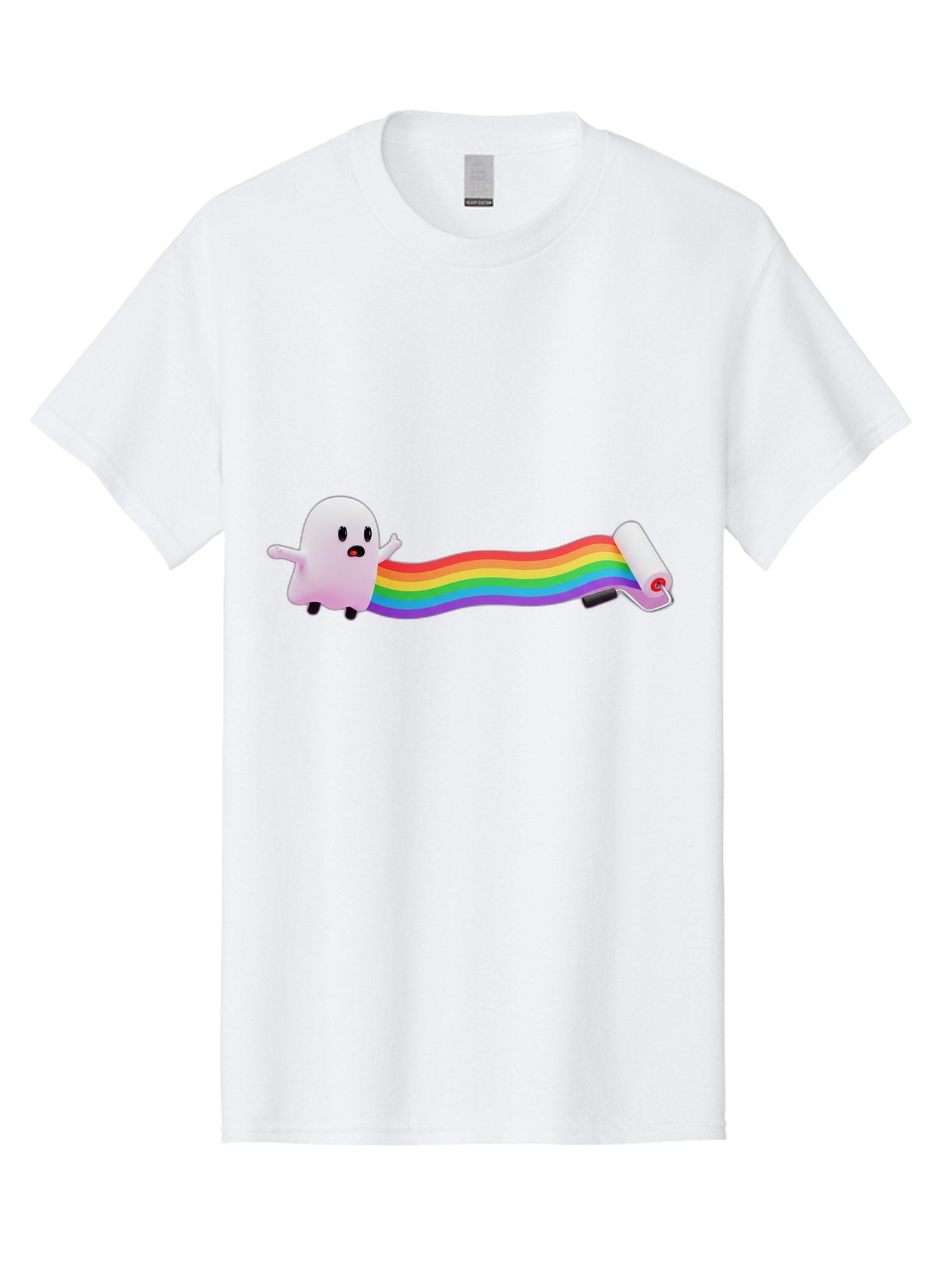 Pink-Blob-Rolling-Tape Men'S Graphic Tee, 100% Cotton, Comfortable Casual Summer Wear, Machine Washable, Cute Ghost, Rainbow Ribbon, Rolled-Up End, Whimsical Design, Playful Scene, Cartoon Style, Colorful Tape, Illustration Art, Bad423 8