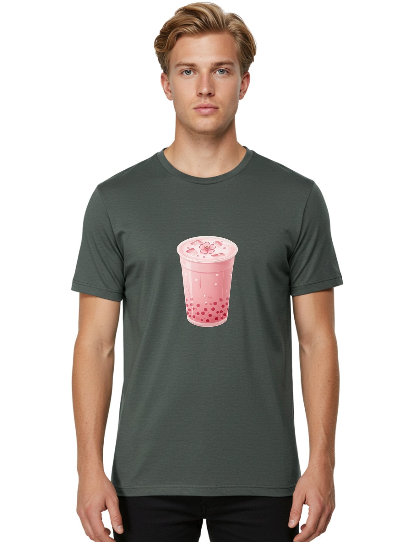 Pink-Boba-Tea-1 Men'S Graphic Tee, 100% Cotton, Comfortable Casual Summer Wear, Machine Washable, Boba Tea, Milk Tea, Bubble Tea, Pink Drink, Tapioca Pearls, Strawberry Tea, Tea With Boba, Boba Drink Bad424 30