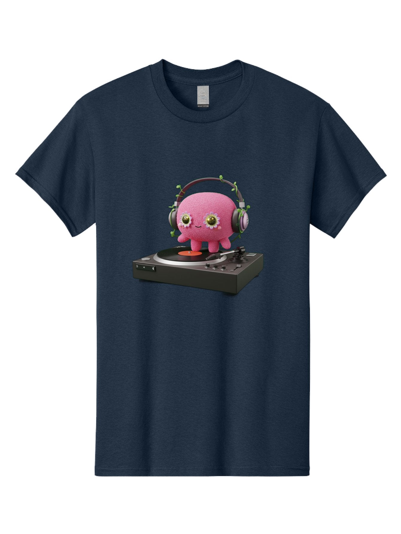 Pink-Creature-On-Record-Player Men'S Graphic Tee, 100% Cotton, Comfortable Casual Summer Wear, Machine Washable, Pink Blob, Vinyl Turntable, Retro Music Player, Headphones, Disco Vibes, Fun Music, Quirky, Retro Aesthetic, Vinyl Records, Bad427