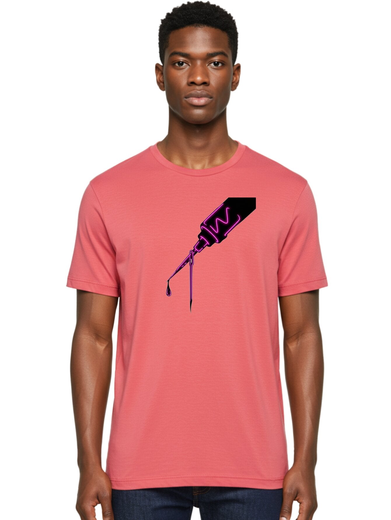 Pink-Dropper Men'S Graphic Tee, 100% Cotton, Comfortable Casual Summer Wear, Machine Washable, Pink Neon Dropper Bottle, Glowing Liquid, Medical Bottle, Pink Glow, Single Drop, Neon Lights, Modern Design, Futuristic Style Bad428 24