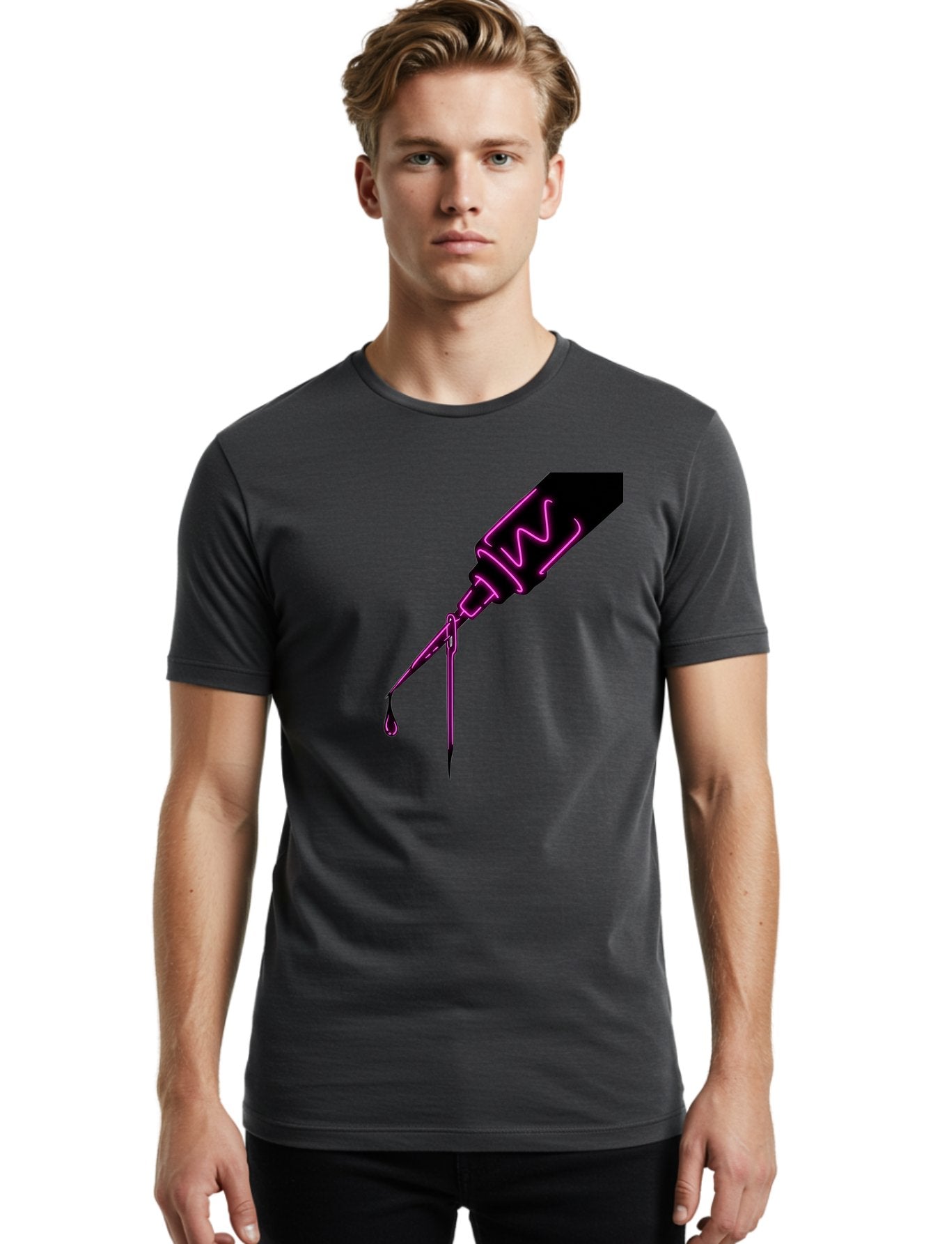 Pink-Dropper Men'S Graphic Tee, 100% Cotton, Comfortable Casual Summer Wear, Machine Washable, Pink Neon Dropper Bottle, Glowing Liquid, Medical Bottle, Pink Glow, Single Drop, Neon Lights, Modern Design, Futuristic Style Bad428 17
