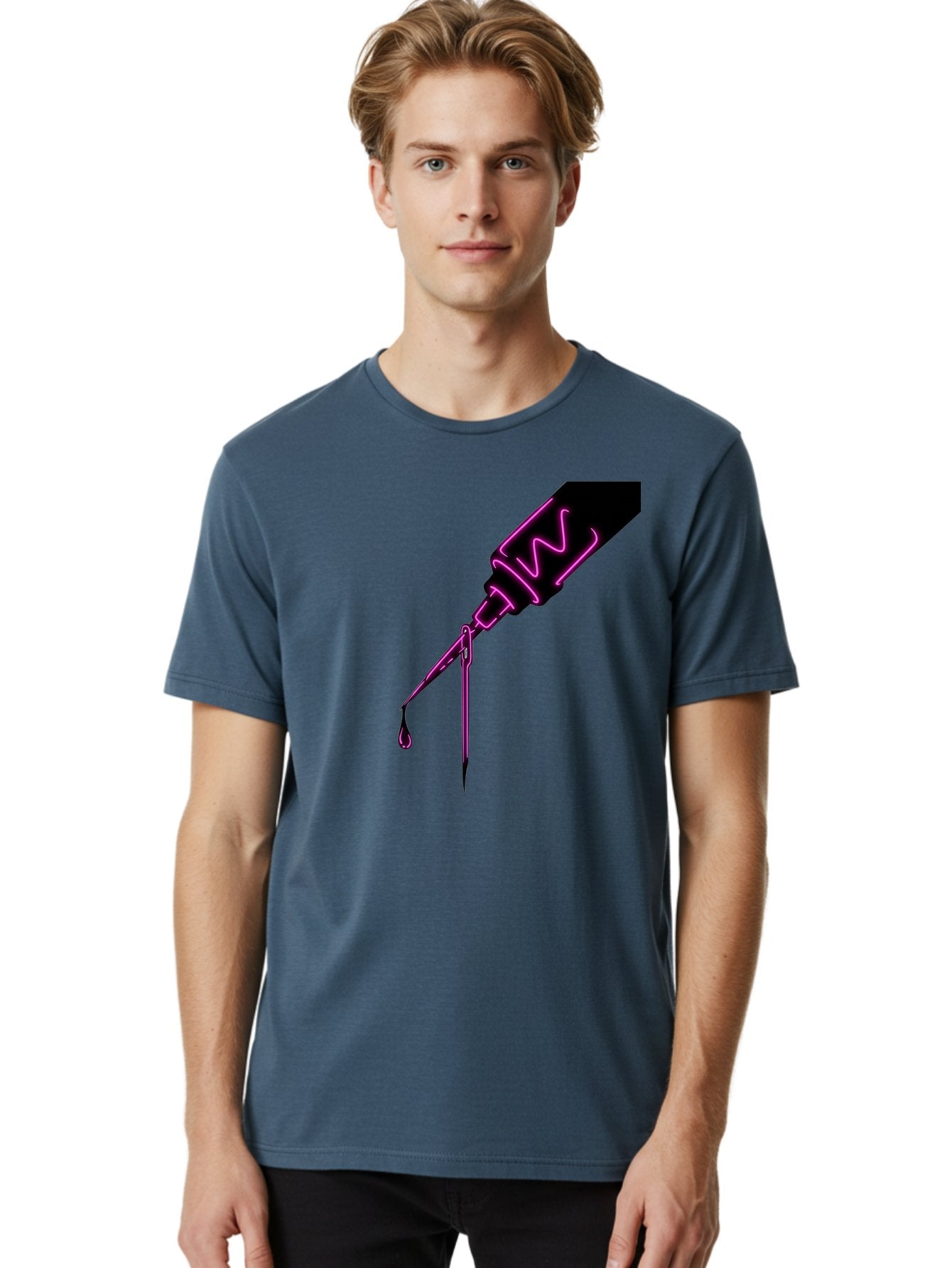 Pink-Dropper Men'S Graphic Tee, 100% Cotton, Comfortable Casual Summer Wear, Machine Washable, Pink Neon Dropper Bottle, Glowing Liquid, Medical Bottle, Pink Glow, Single Drop, Neon Lights, Modern Design, Futuristic Style Bad428 27