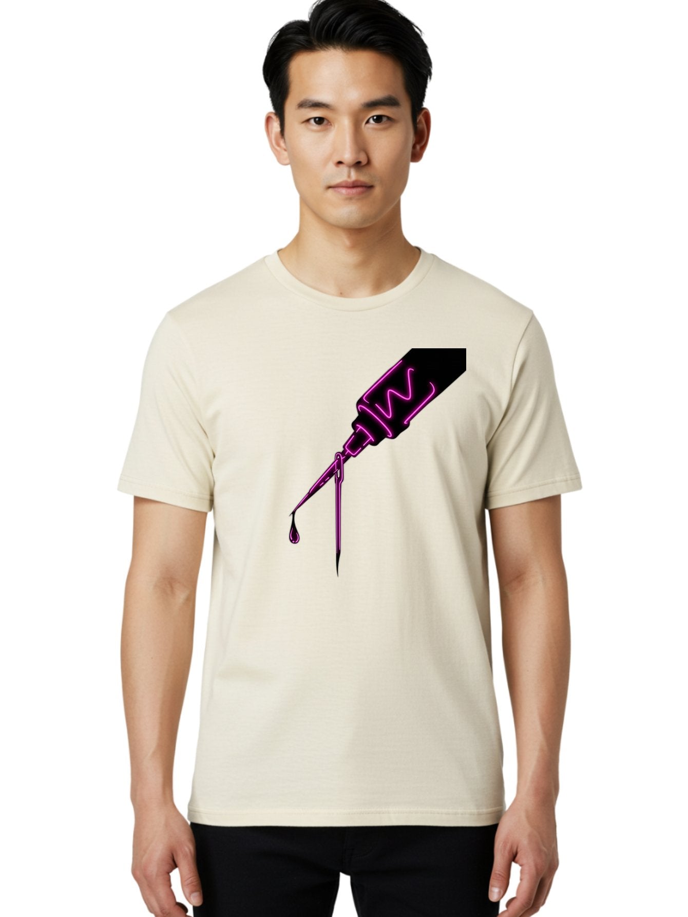 Pink-Dropper Men'S Graphic Tee, 100% Cotton, Comfortable Casual Summer Wear, Machine Washable, Pink Neon Dropper Bottle, Glowing Liquid, Medical Bottle, Pink Glow, Single Drop, Neon Lights, Modern Design, Futuristic Style Bad428 20