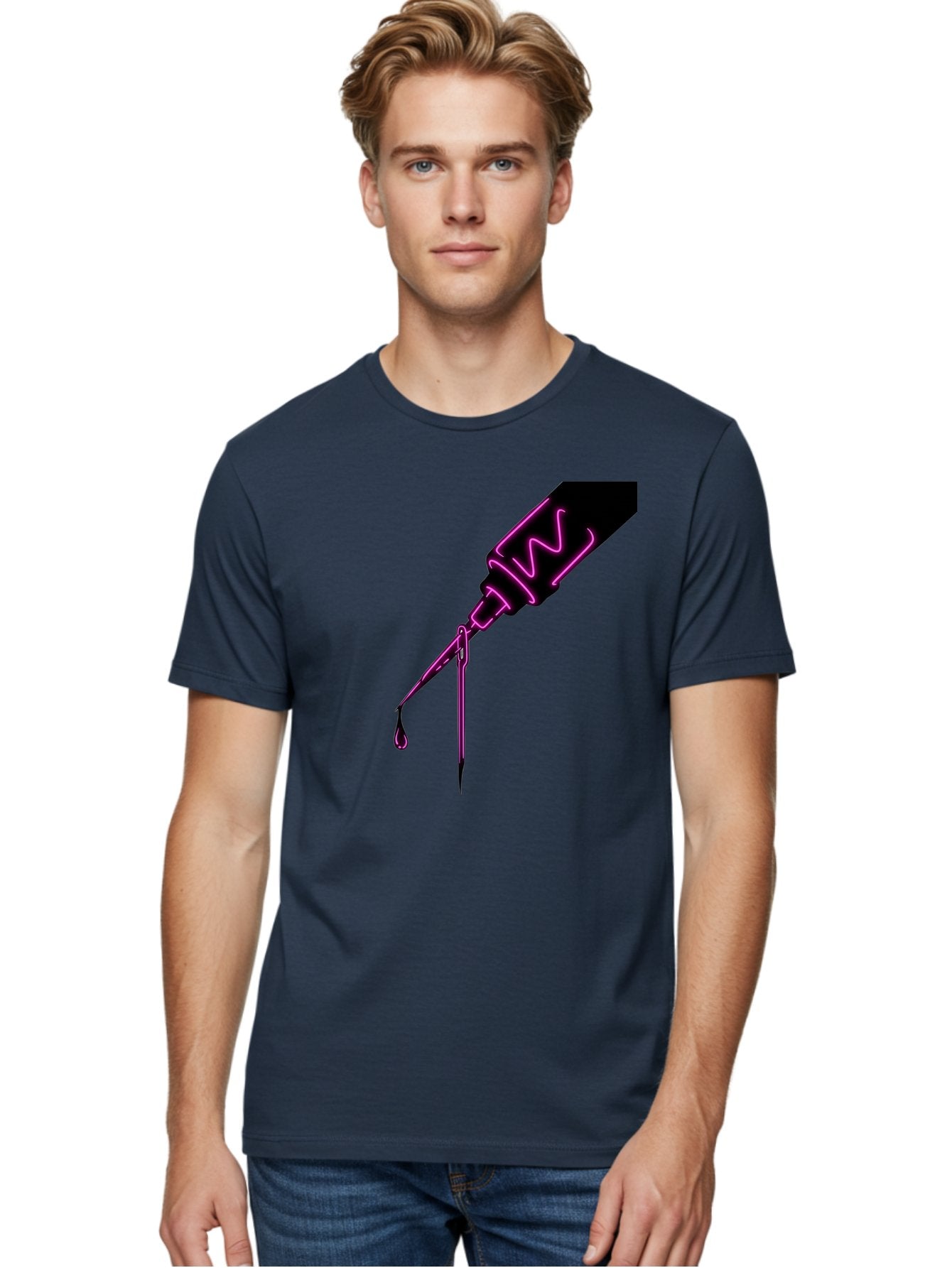 Pink-Dropper Men'S Graphic Tee, 100% Cotton, Comfortable Casual Summer Wear, Machine Washable, Pink Neon Dropper Bottle, Glowing Liquid, Medical Bottle, Pink Glow, Single Drop, Neon Lights, Modern Design, Futuristic Style Bad428 28