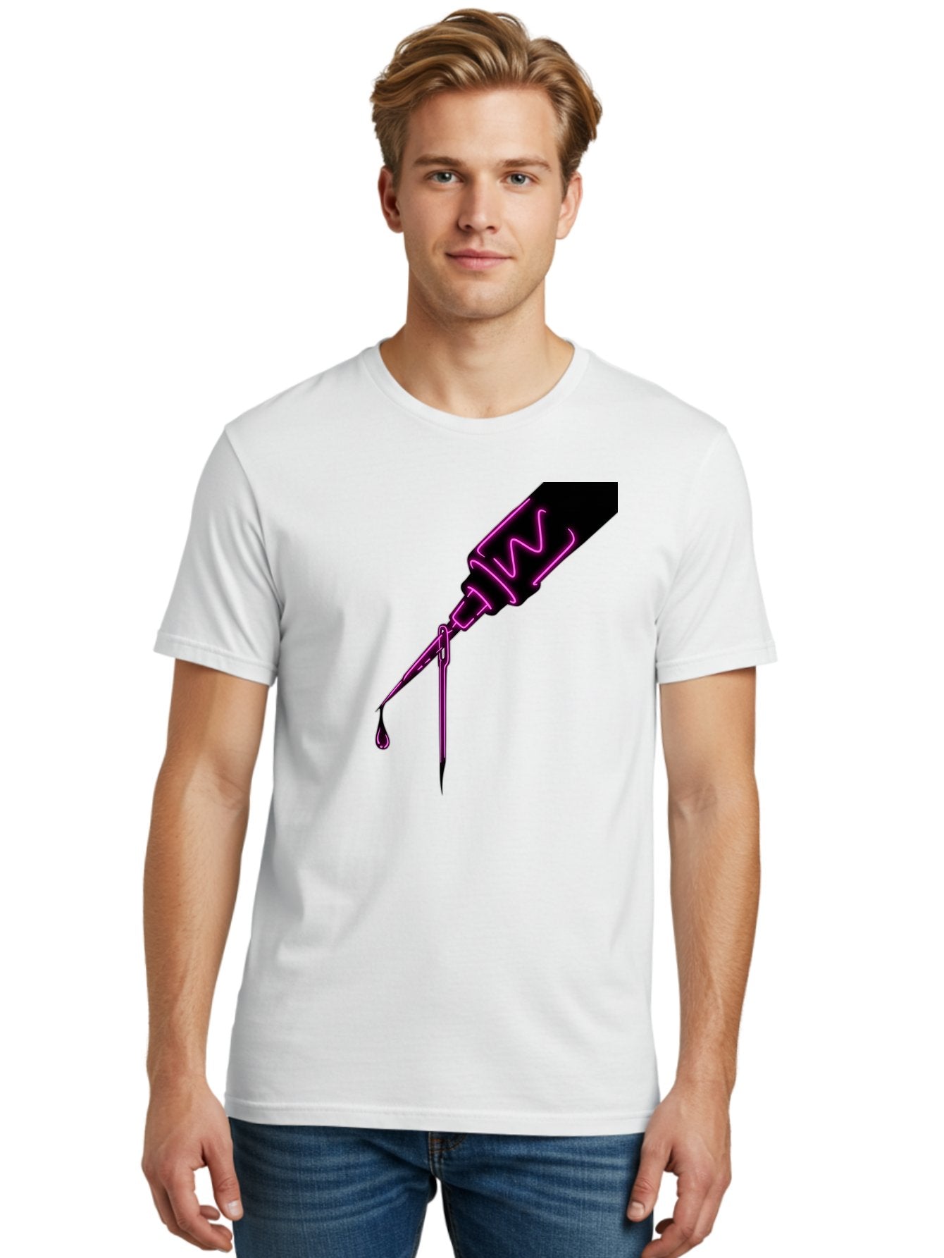Pink-Dropper Men'S Graphic Tee, 100% Cotton, Comfortable Casual Summer Wear, Machine Washable, Pink Neon Dropper Bottle, Glowing Liquid, Medical Bottle, Pink Glow, Single Drop, Neon Lights, Modern Design, Futuristic Style Bad428 25