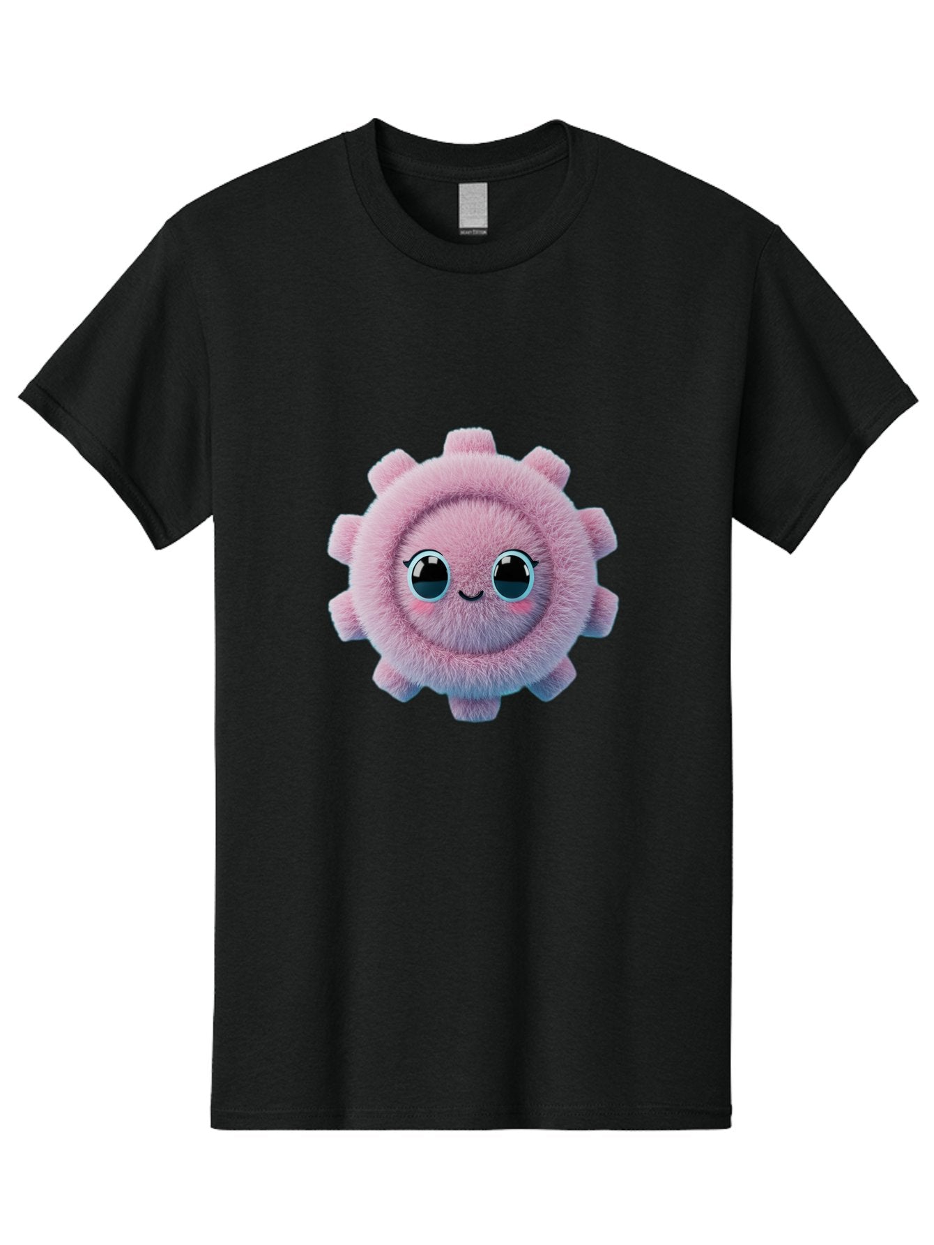 Pink-Fuzzy-Gear Men'S Graphic Tee, 100% Cotton, Comfortable Casual Summer Wear, Machine Washable, Cute Cartoon Character, Fluffy Virus, Pink And Purple Hues, Smiling Face, Big Eyes, Whimsical Design, Funny Illustration, Soft Texture, Bad429 10