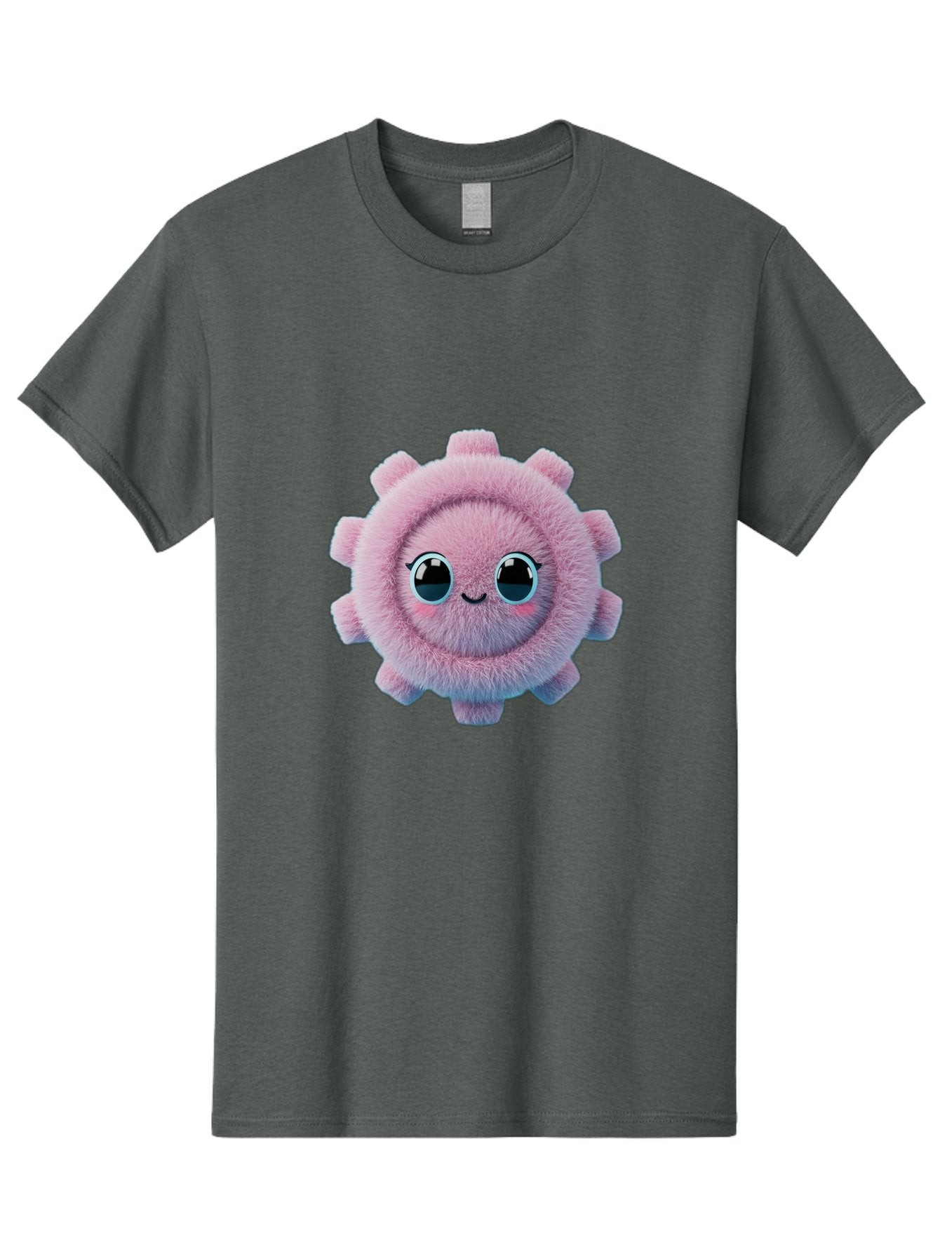 Pink-Fuzzy-Gear Men'S Graphic Tee, 100% Cotton, Comfortable Casual Summer Wear, Machine Washable, Cute Cartoon Character, Fluffy Virus, Pink And Purple Hues, Smiling Face, Big Eyes, Whimsical Design, Funny Illustration, Soft Texture, Bad429 8