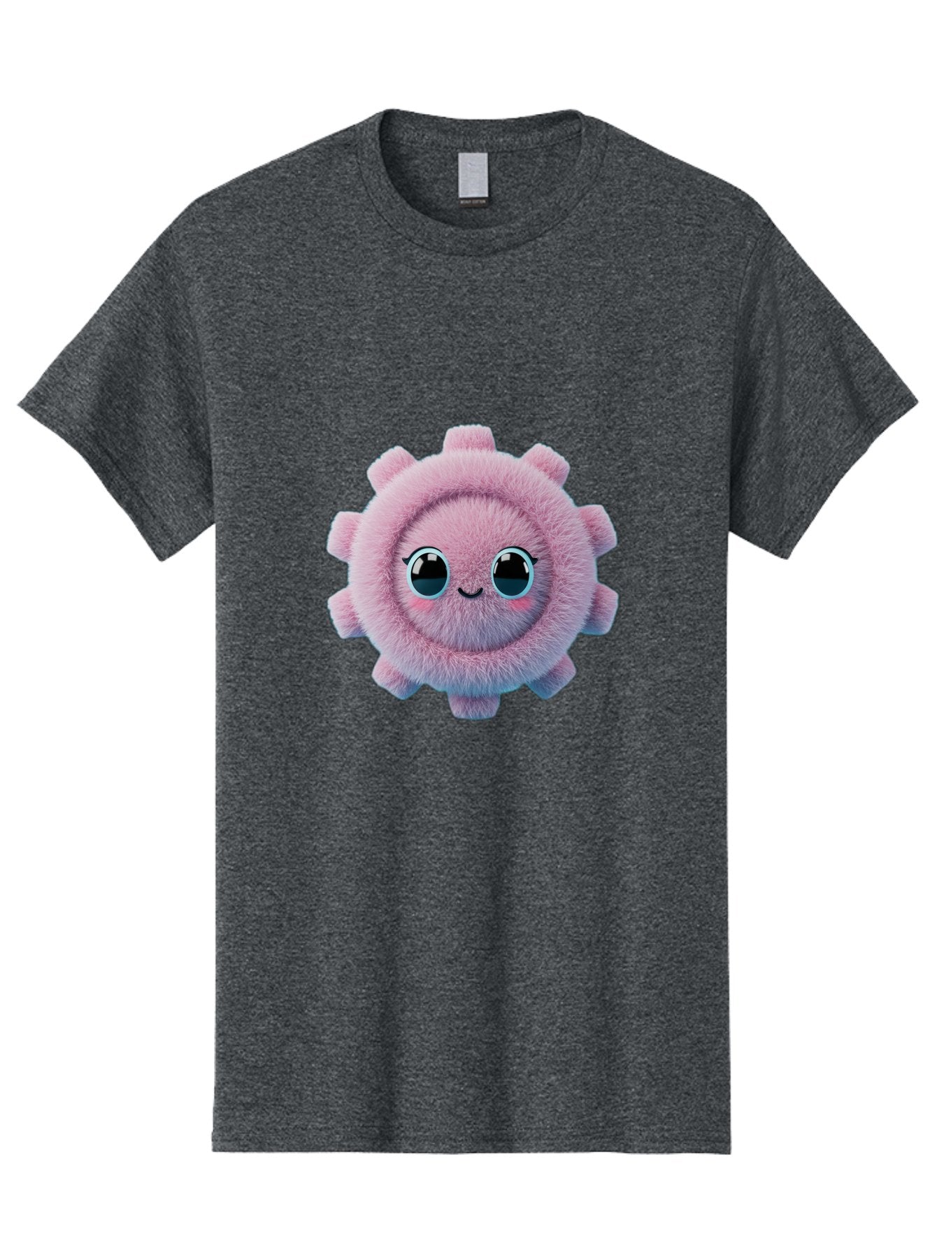 Pink-Fuzzy-Gear Men'S Graphic Tee, 100% Cotton, Comfortable Casual Summer Wear, Machine Washable, Cute Cartoon Character, Fluffy Virus, Pink And Purple Hues, Smiling Face, Big Eyes, Whimsical Design, Funny Illustration, Soft Texture, Bad429 12
