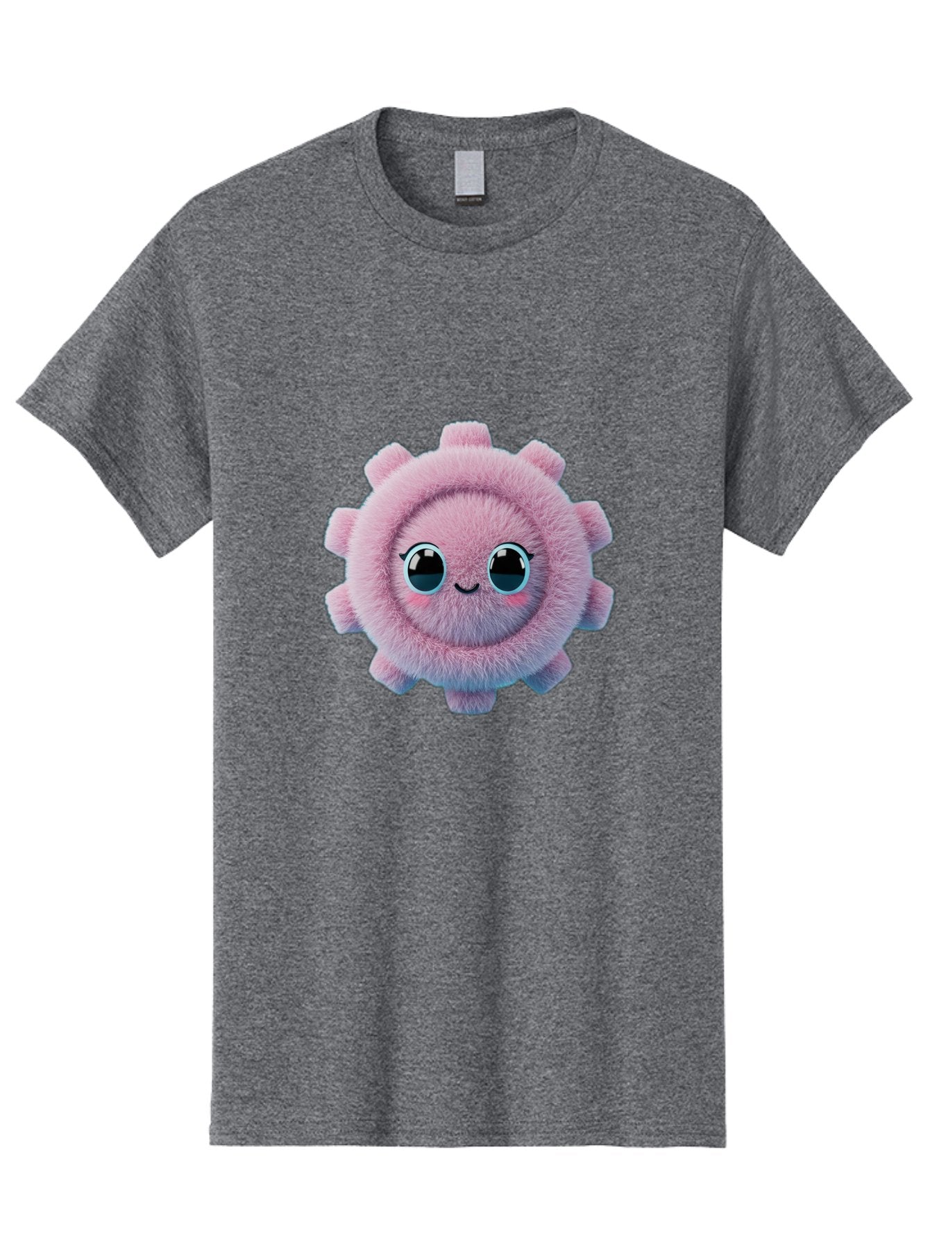 Pink-Fuzzy-Gear Men'S Graphic Tee, 100% Cotton, Comfortable Casual Summer Wear, Machine Washable, Cute Cartoon Character, Fluffy Virus, Pink And Purple Hues, Smiling Face, Big Eyes, Whimsical Design, Funny Illustration, Soft Texture, Bad429 5