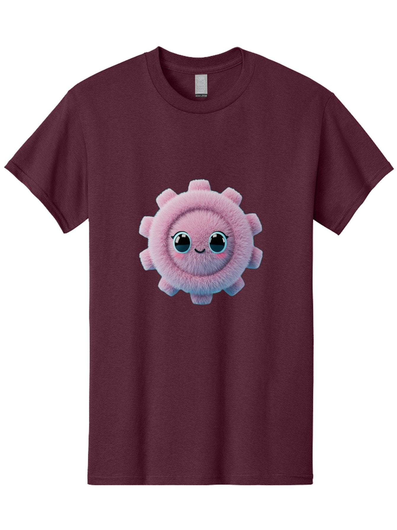 Pink-Fuzzy-Gear Men'S Graphic Tee, 100% Cotton, Comfortable Casual Summer Wear, Machine Washable, Cute Cartoon Character, Fluffy Virus, Pink And Purple Hues, Smiling Face, Big Eyes, Whimsical Design, Funny Illustration, Soft Texture, Bad429 9