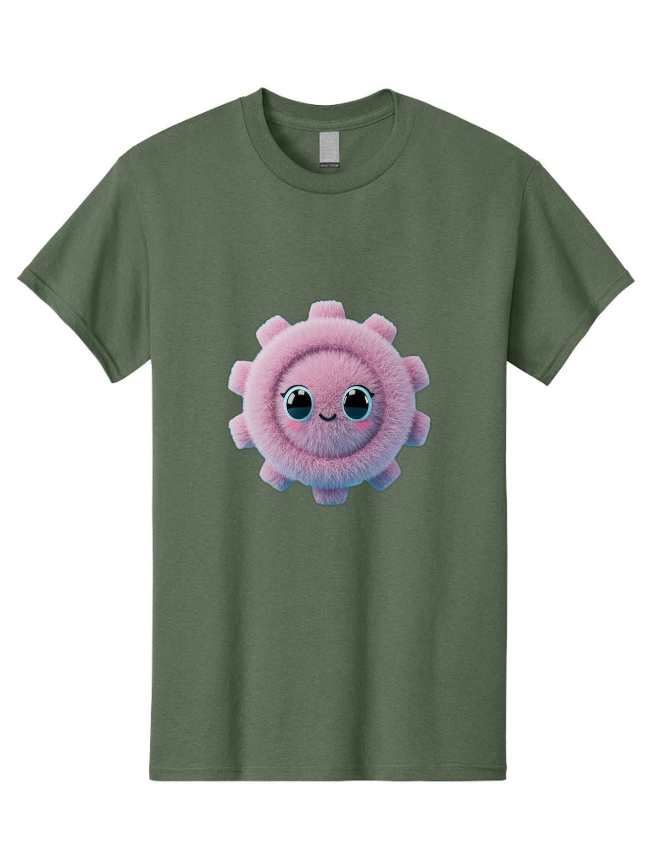 Pink-Fuzzy-Gear Men'S Graphic Tee, 100% Cotton, Comfortable Casual Summer Wear, Machine Washable, Cute Cartoon Character, Fluffy Virus, Pink And Purple Hues, Smiling Face, Big Eyes, Whimsical Design, Funny Illustration, Soft Texture, Bad429 14
