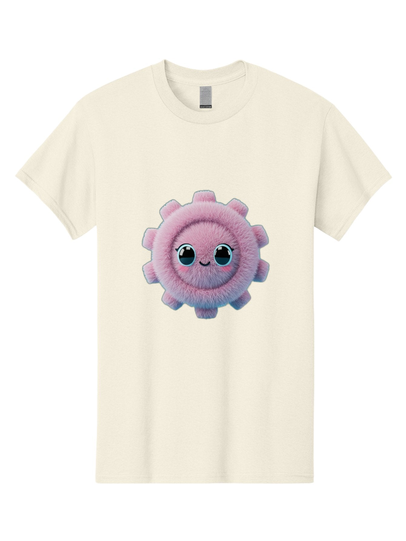 Pink-Fuzzy-Gear Men'S Graphic Tee, 100% Cotton, Comfortable Casual Summer Wear, Machine Washable, Cute Cartoon Character, Fluffy Virus, Pink And Purple Hues, Smiling Face, Big Eyes, Whimsical Design, Funny Illustration, Soft Texture, Bad429 6