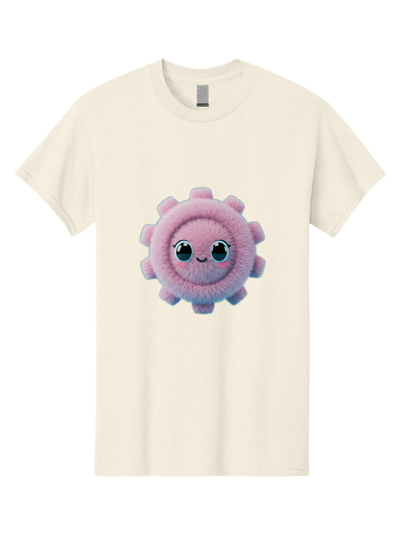 Pink-Fuzzy-Gear Men'S Graphic Tee, 100% Cotton, Comfortable Casual Summer Wear, Machine Washable, Cute Cartoon Character, Fluffy Virus, Pink And Purple Hues, Smiling Face, Big Eyes, Whimsical Design, Funny Illustration, Soft Texture, Bad429 7