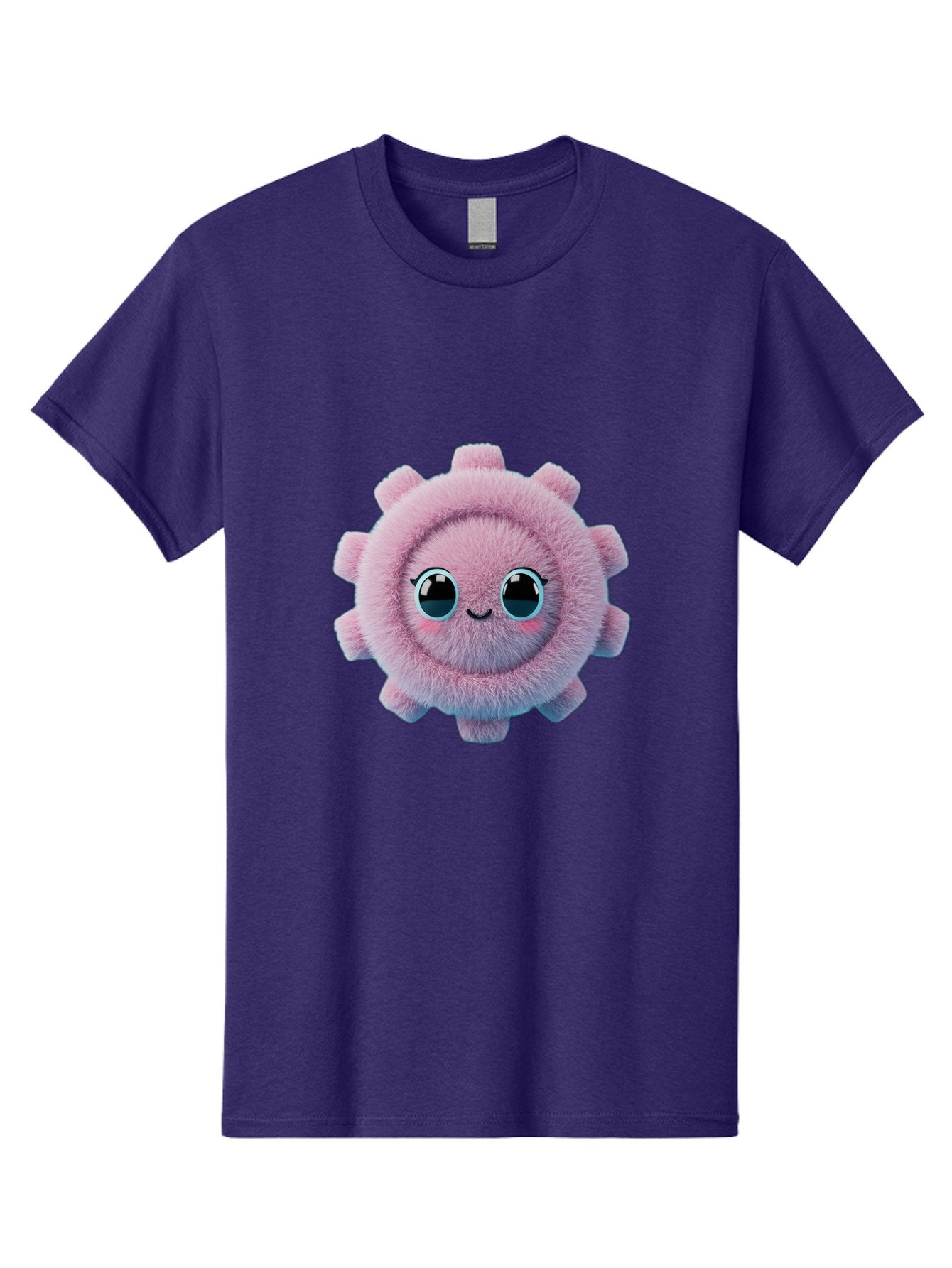 Pink-Fuzzy-Gear Men'S Graphic Tee, 100% Cotton, Comfortable Casual Summer Wear, Machine Washable, Cute Cartoon Character, Fluffy Virus, Pink And Purple Hues, Smiling Face, Big Eyes, Whimsical Design, Funny Illustration, Soft Texture, Bad429 7