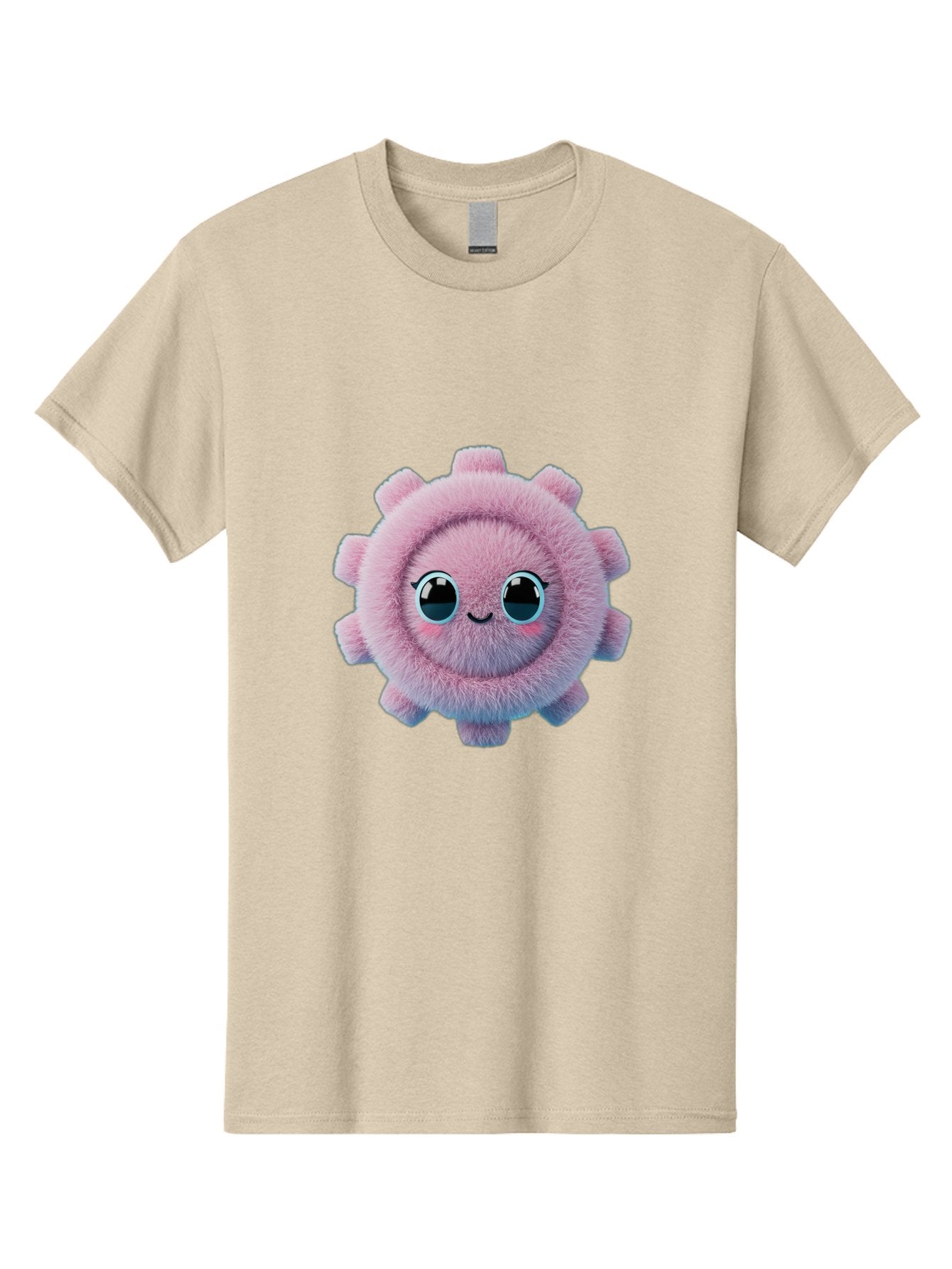 Pink-Fuzzy-Gear Men'S Graphic Tee, 100% Cotton, Comfortable Casual Summer Wear, Machine Washable, Cute Cartoon Character, Fluffy Virus, Pink And Purple Hues, Smiling Face, Big Eyes, Whimsical Design, Funny Illustration, Soft Texture, Bad429
