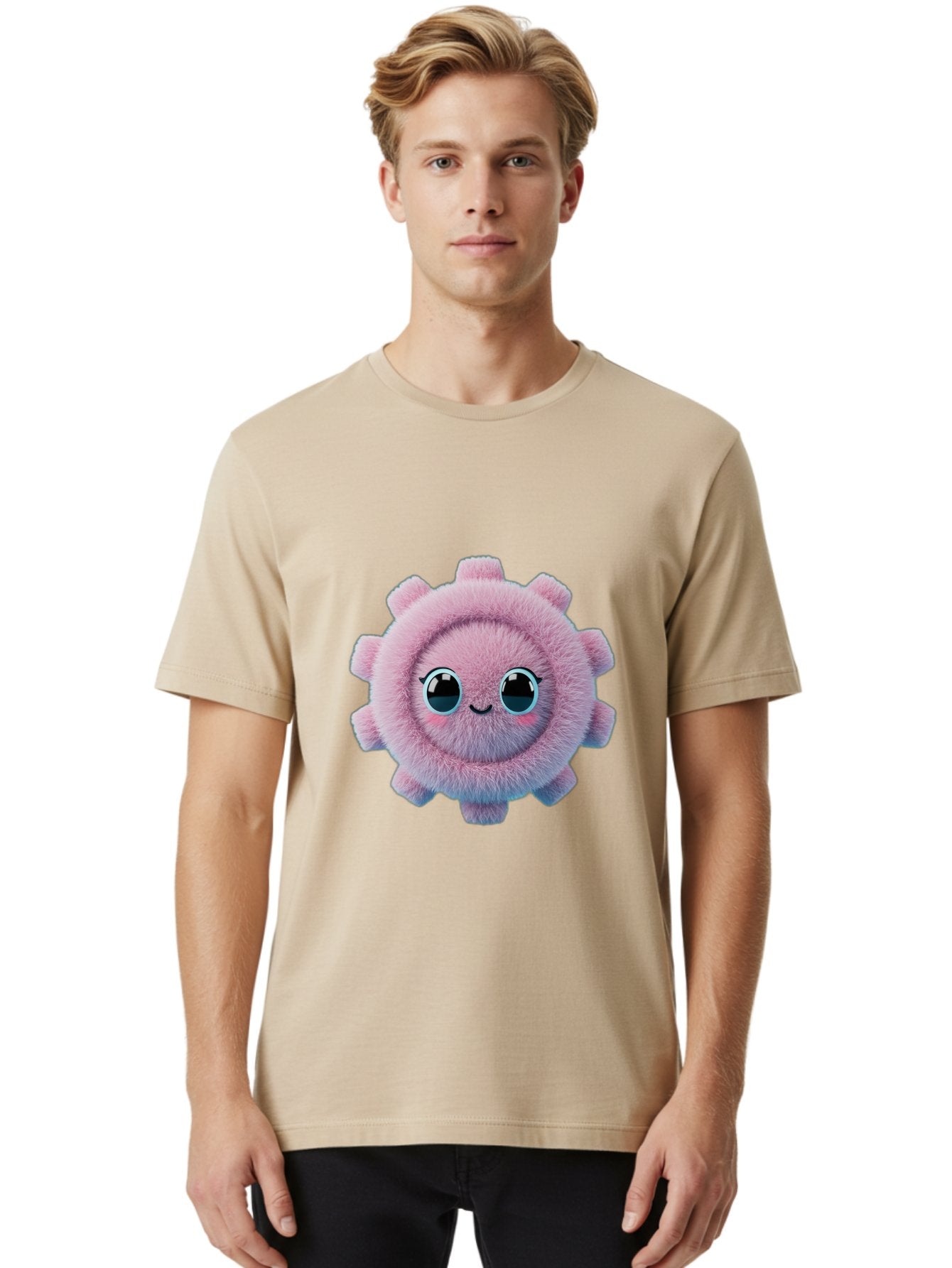 Pink-Fuzzy-Gear Men'S Graphic Tee, 100% Cotton, Comfortable Casual Summer Wear, Machine Washable, Cute Cartoon Character, Fluffy Virus, Pink And Purple Hues, Smiling Face, Big Eyes, Whimsical Design, Funny Illustration, Soft Texture, Bad429 21