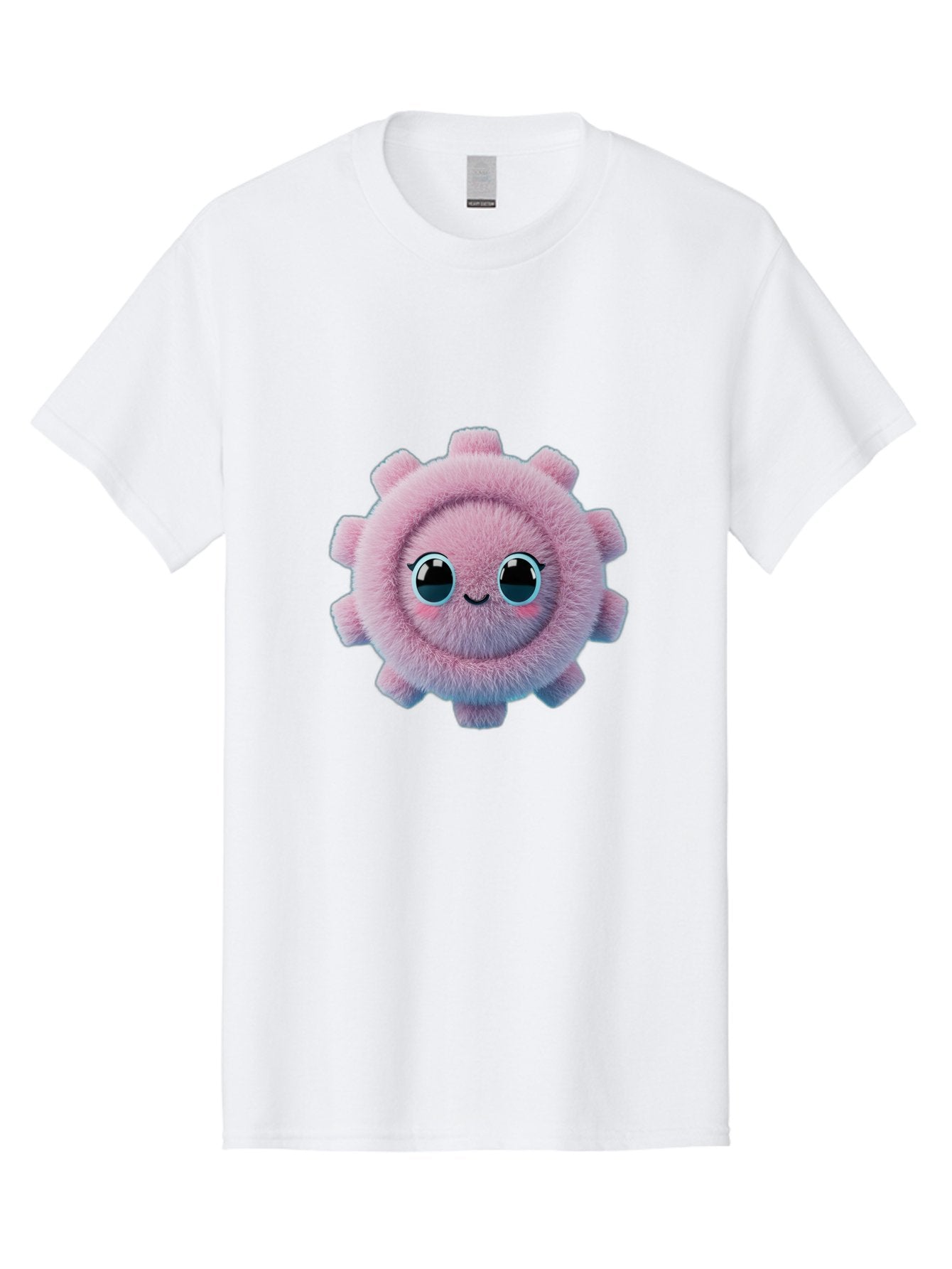 Pink-Fuzzy-Gear Men'S Graphic Tee, 100% Cotton, Comfortable Casual Summer Wear, Machine Washable, Cute Cartoon Character, Fluffy Virus, Pink And Purple Hues, Smiling Face, Big Eyes, Whimsical Design, Funny Illustration, Soft Texture, Bad429 4