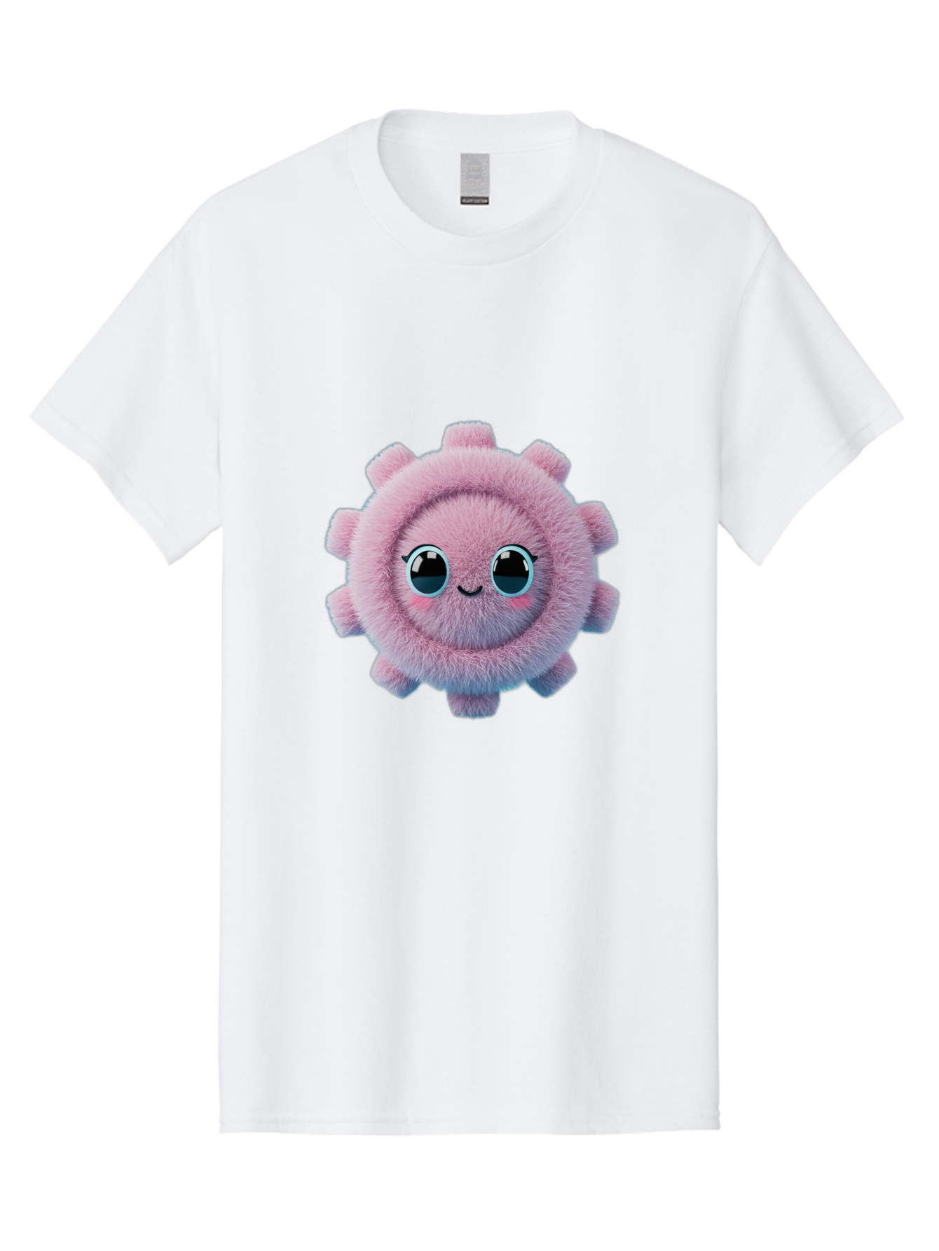 Pink-Fuzzy-Gear Men'S Graphic Tee, 100% Cotton, Comfortable Casual Summer Wear, Machine Washable, Cute Cartoon Character, Fluffy Virus, Pink And Purple Hues, Smiling Face, Big Eyes, Whimsical Design, Funny Illustration, Soft Texture, Bad429 12