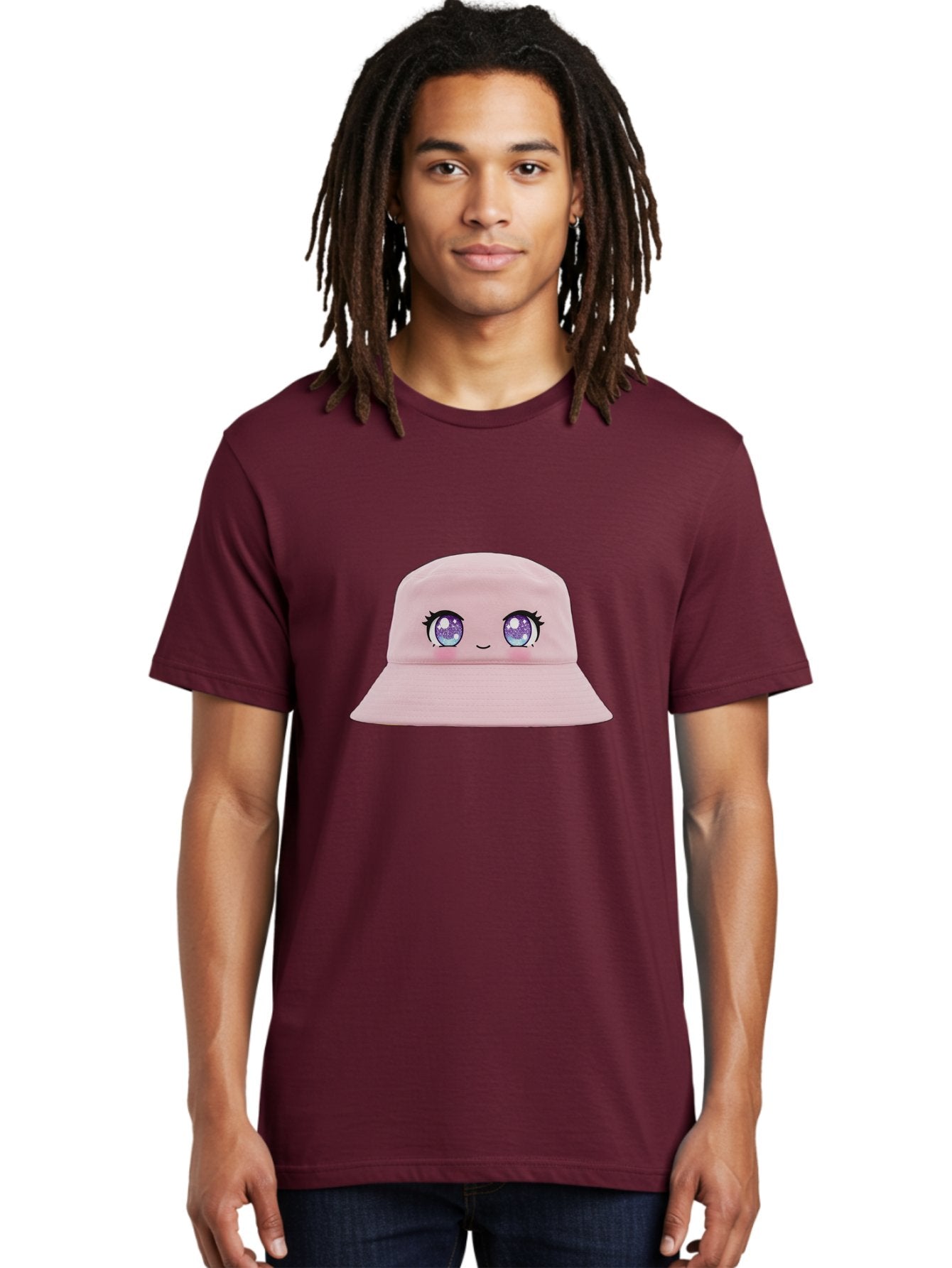 Pink-Hat Men'S Graphic Tee, 100% Cotton, Comfortable Casual Summer Wear, Machine Washable, Kawaii Fashion, Pink Baseball Cap, Cartoon Eyes, Cute Face, Kawaii Accessories, Pastel Fashion, Cute Hats, Fashion Trends, Kawaii Style Bad430 30