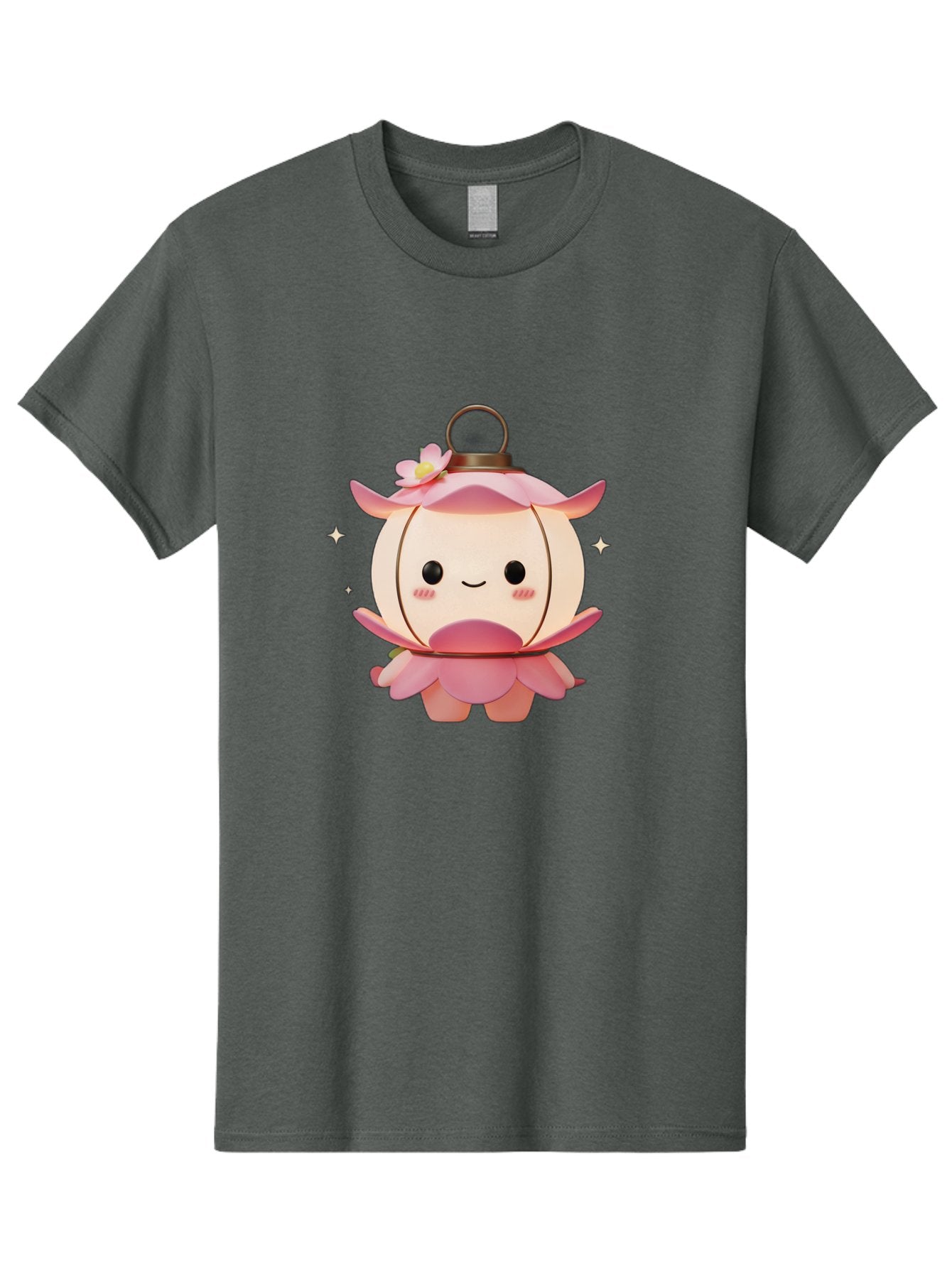 Pink-Lantern-Creature Men'S Graphic Tee, 100% Cotton, Comfortable Casual Summer Wear, Machine Washable, Cartoon Character, Pink Lantern, Fantasy Creature, Kawaii Art, Digital Illustration, Anime Style, Cute Face, Smiling, Rosy Cheeks, Bad431