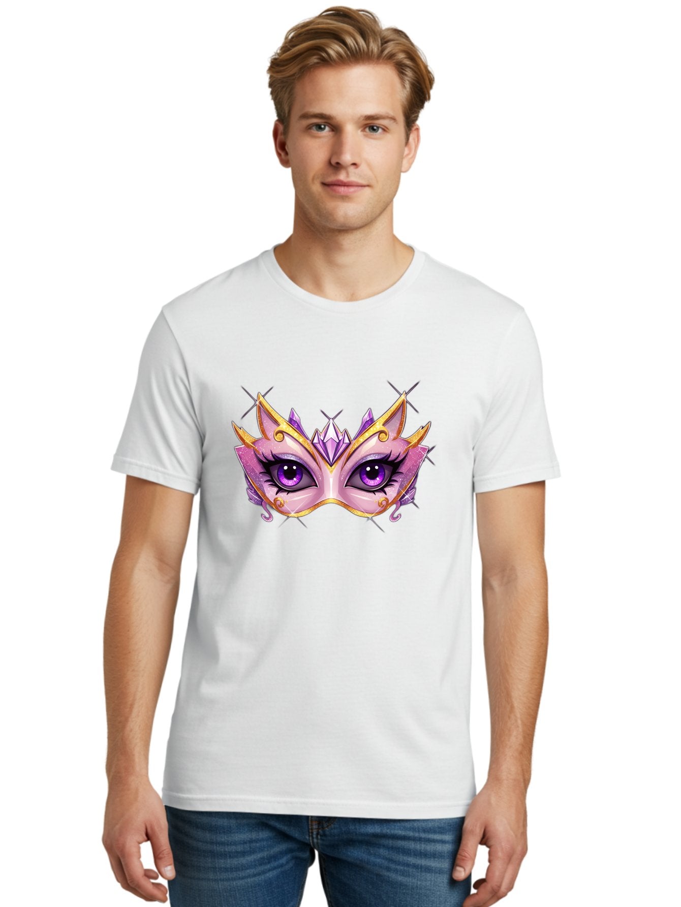 Pink-Mask Men'S Graphic Tee, 100% Cotton, Comfortable Casual Summer Wear, Machine Washable, Masquerade Mask, Purple Eyes, Gold Trim, Luxury Design, Mysterious Gaze, Decorative Mask, Elegant Face Mask, Carnival Accessory Bad433 17