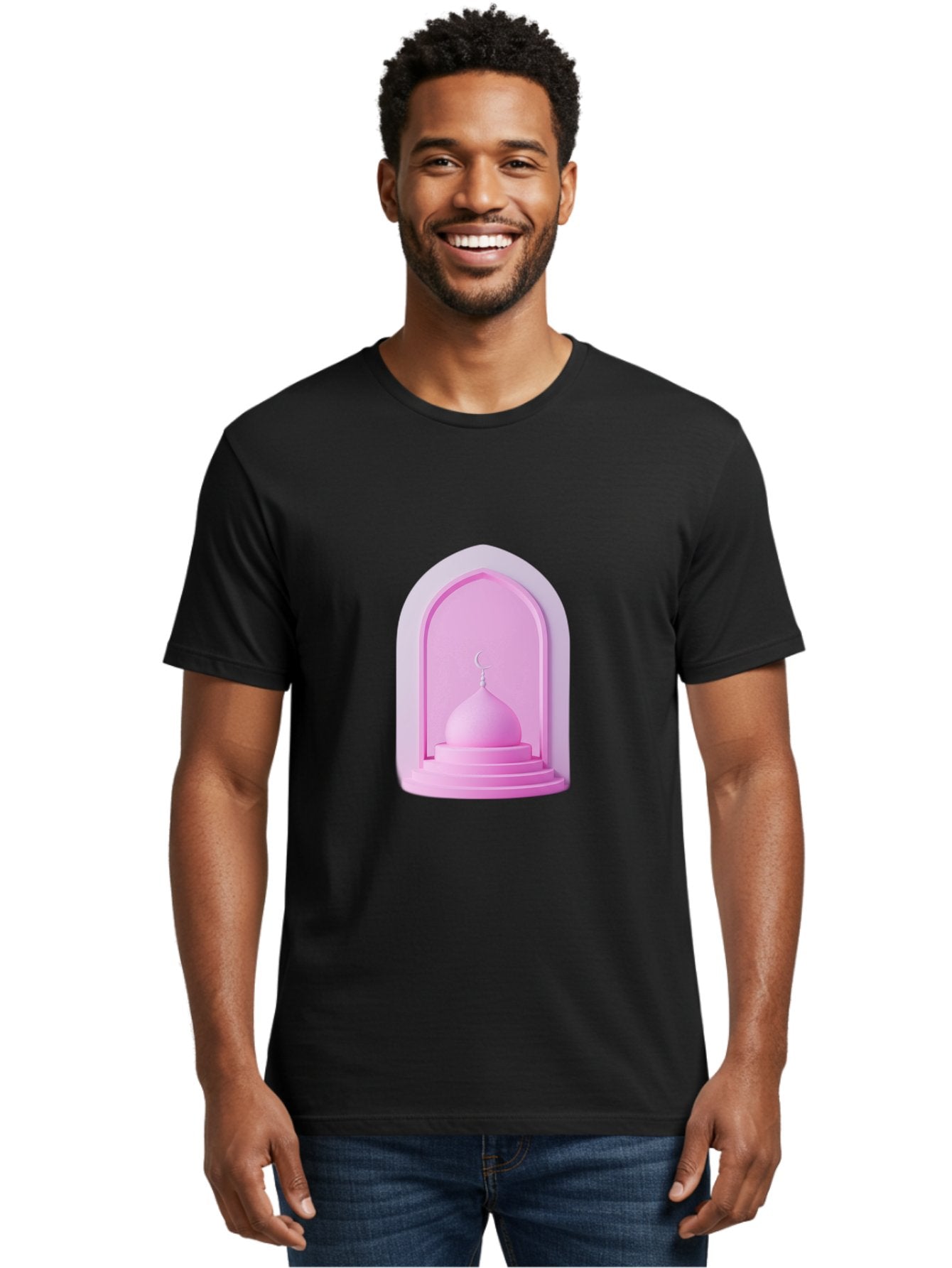 Pink-Mosque-Dome Men'S Graphic Tee, 100% Cotton, Comfortable Casual Summer Wear, Machine Washable, Islamic Architecture, Dome With Crescent Moon, Minimalistic Design, Modern Islamic Art, Religious Symbol, Serene Ambiance, Cultural Heritage Bad434 16