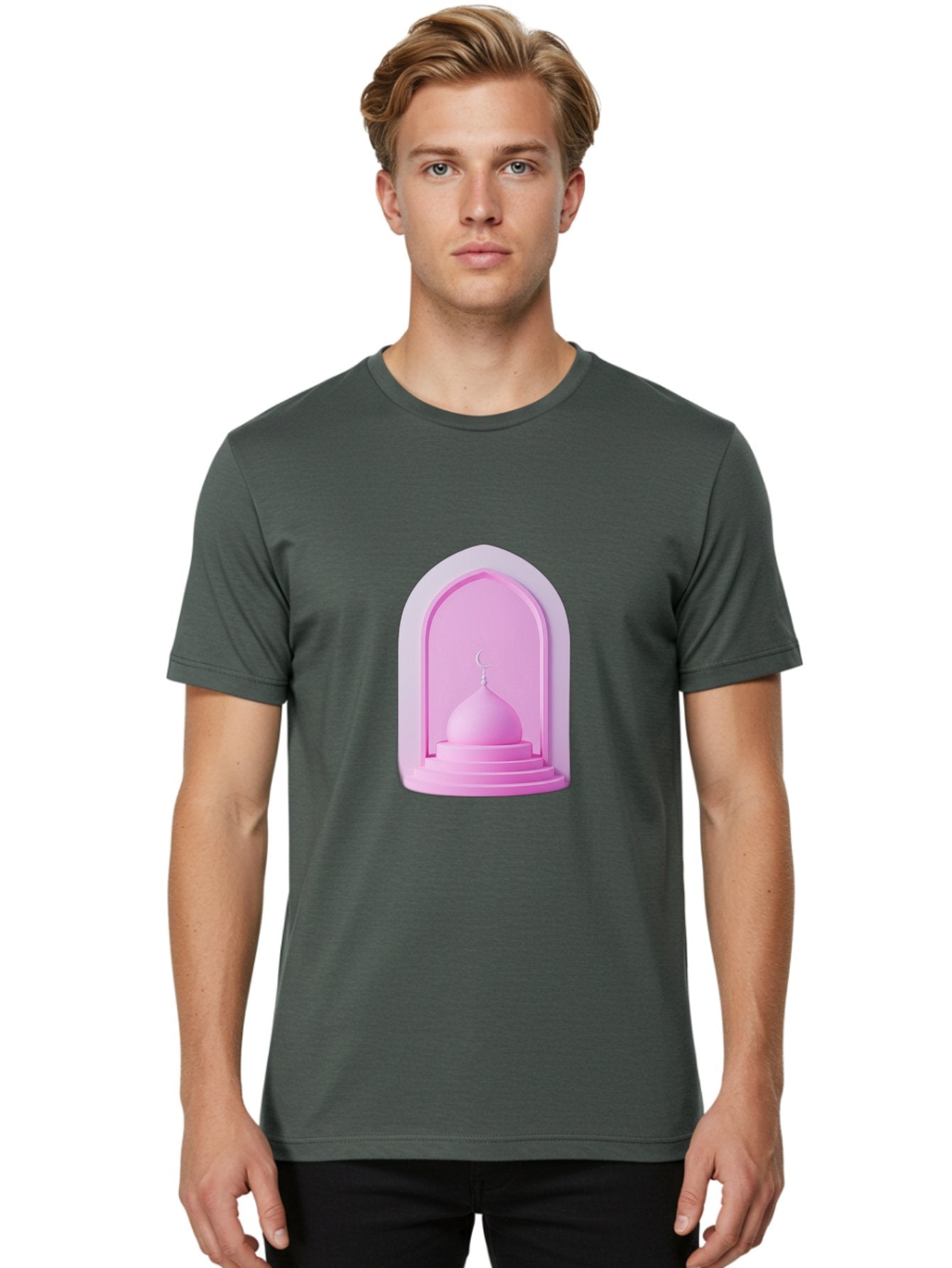 Pink-Mosque-Dome Men'S Graphic Tee, 100% Cotton, Comfortable Casual Summer Wear, Machine Washable, Islamic Architecture, Dome With Crescent Moon, Minimalistic Design, Modern Islamic Art, Religious Symbol, Serene Ambiance, Cultural Heritage Bad434 28