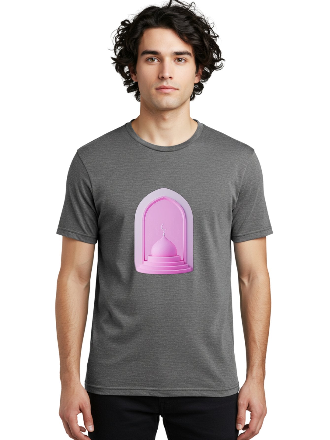 Pink-Mosque-Dome Men'S Graphic Tee, 100% Cotton, Comfortable Casual Summer Wear, Machine Washable, Islamic Architecture, Dome With Crescent Moon, Minimalistic Design, Modern Islamic Art, Religious Symbol, Serene Ambiance, Cultural Heritage Bad434 24