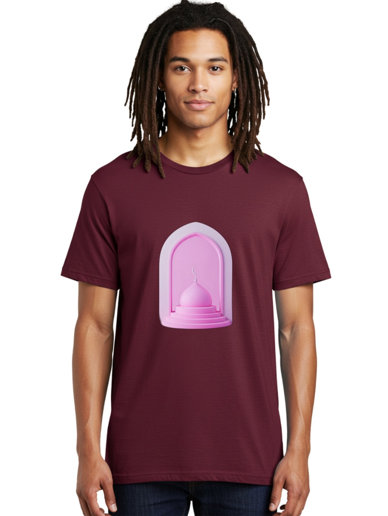 Pink-Mosque-Dome Men'S Graphic Tee, 100% Cotton, Comfortable Casual Summer Wear, Machine Washable, Islamic Architecture, Dome With Crescent Moon, Minimalistic Design, Modern Islamic Art, Religious Symbol, Serene Ambiance, Cultural Heritage Bad434 18
