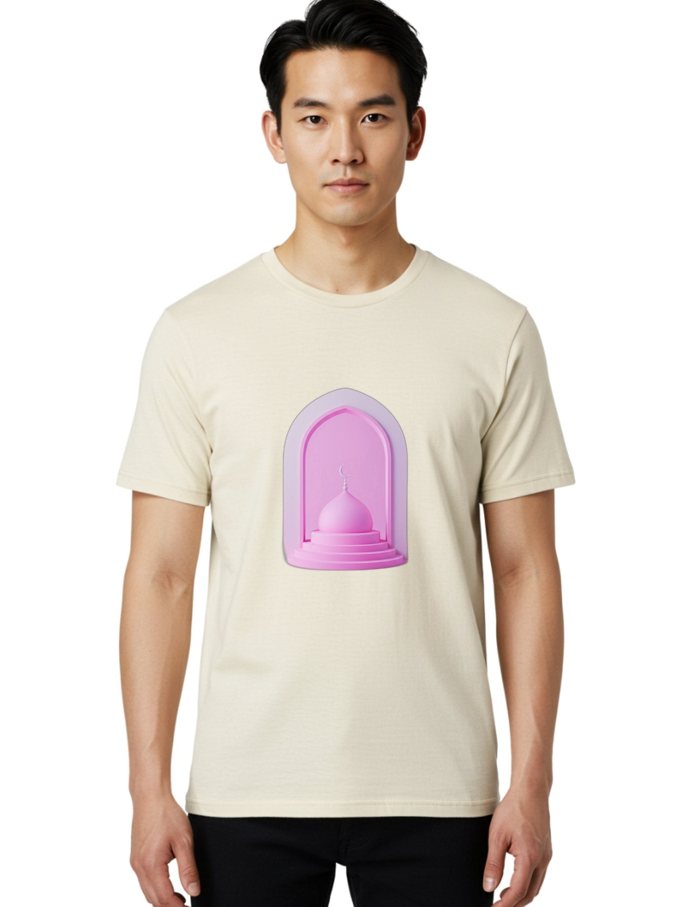 Pink-Mosque-Dome Men'S Graphic Tee, 100% Cotton, Comfortable Casual Summer Wear, Machine Washable, Islamic Architecture, Dome With Crescent Moon, Minimalistic Design, Modern Islamic Art, Religious Symbol, Serene Ambiance, Cultural Heritage Bad434 29