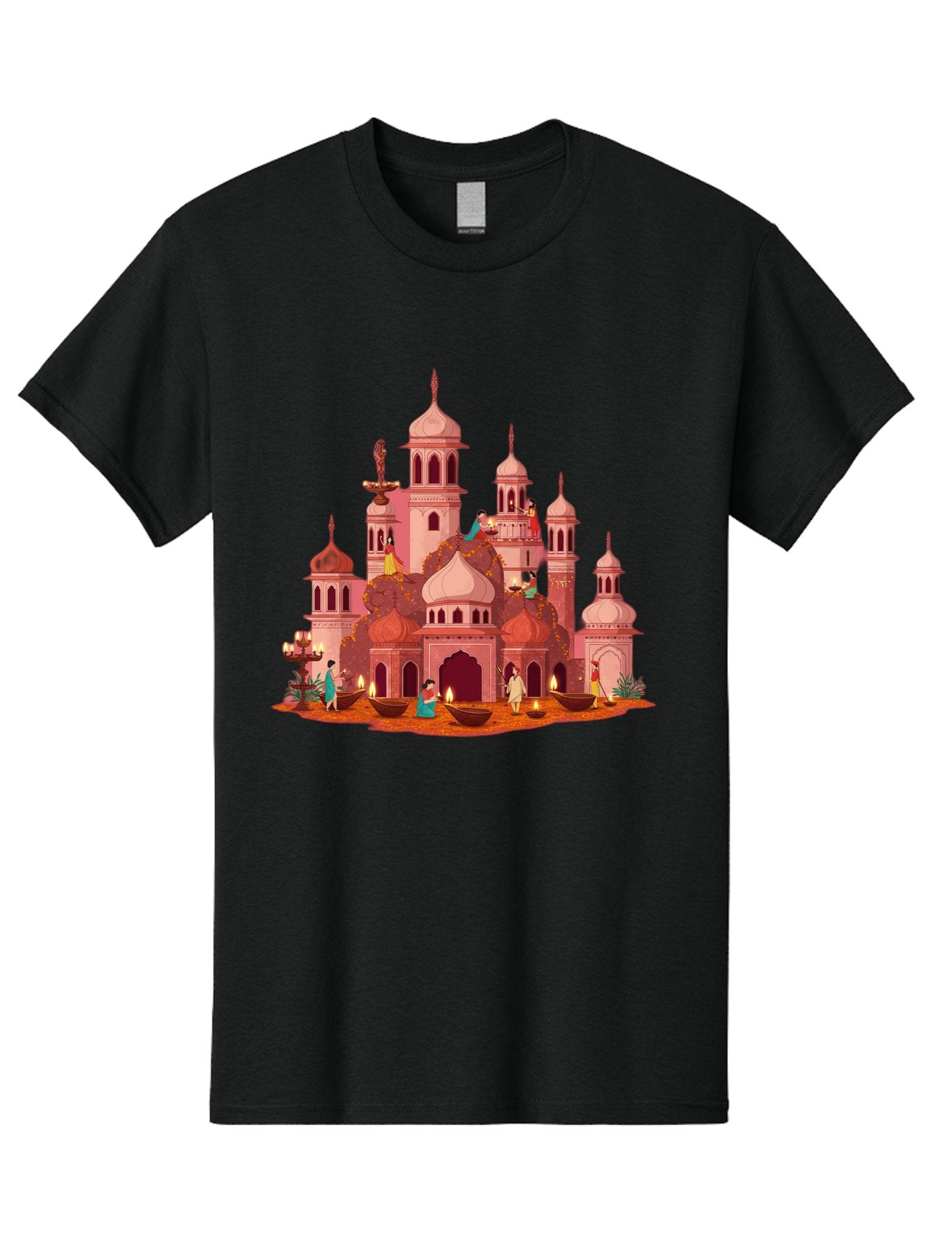 Pink-Palace Men'S Graphic Tee, 100% Cotton, Comfortable Casual Summer Wear, Machine Washable, Pink Castle, Royal Architecture, Ornate Towers, Domed Roofs, People In Traditional Attire, Serene Atmosphere, Lit Candles, Bronze Bowls, Bad435 8