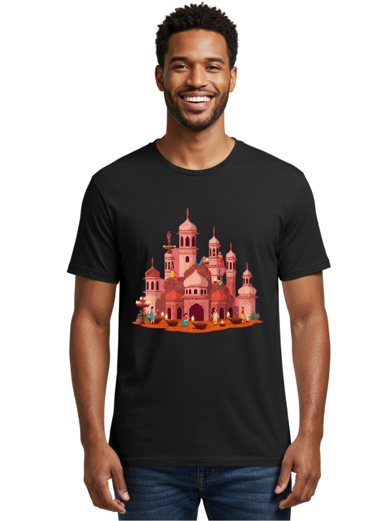 Pink-Palace Men'S Graphic Tee, 100% Cotton, Comfortable Casual Summer Wear, Machine Washable, Pink Castle, Royal Architecture, Ornate Towers, Domed Roofs, People In Traditional Attire, Serene Atmosphere, Lit Candles, Bronze Bowls, Bad435 25