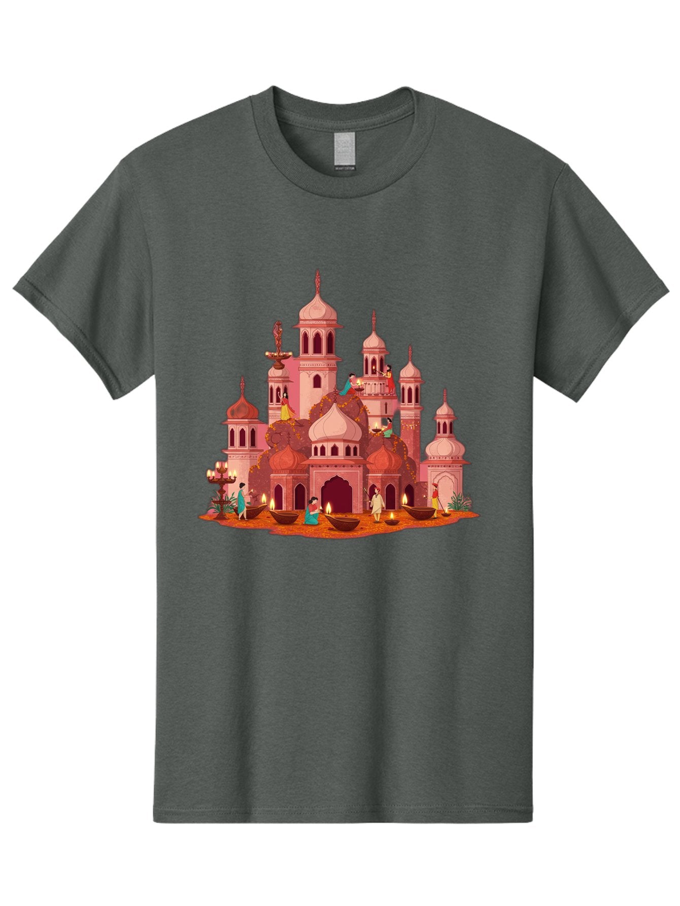 Pink-Palace Men'S Graphic Tee, 100% Cotton, Comfortable Casual Summer Wear, Machine Washable, Pink Castle, Royal Architecture, Ornate Towers, Domed Roofs, People In Traditional Attire, Serene Atmosphere, Lit Candles, Bronze Bowls, Bad435 9