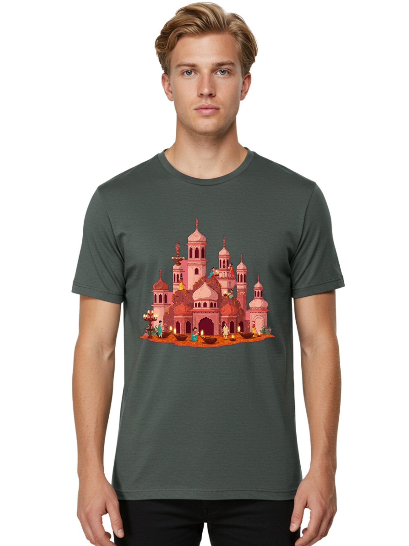 Pink-Palace Men'S Graphic Tee, 100% Cotton, Comfortable Casual Summer Wear, Machine Washable, Pink Castle, Royal Architecture, Ornate Towers, Domed Roofs, People In Traditional Attire, Serene Atmosphere, Lit Candles, Bronze Bowls, Bad435 26
