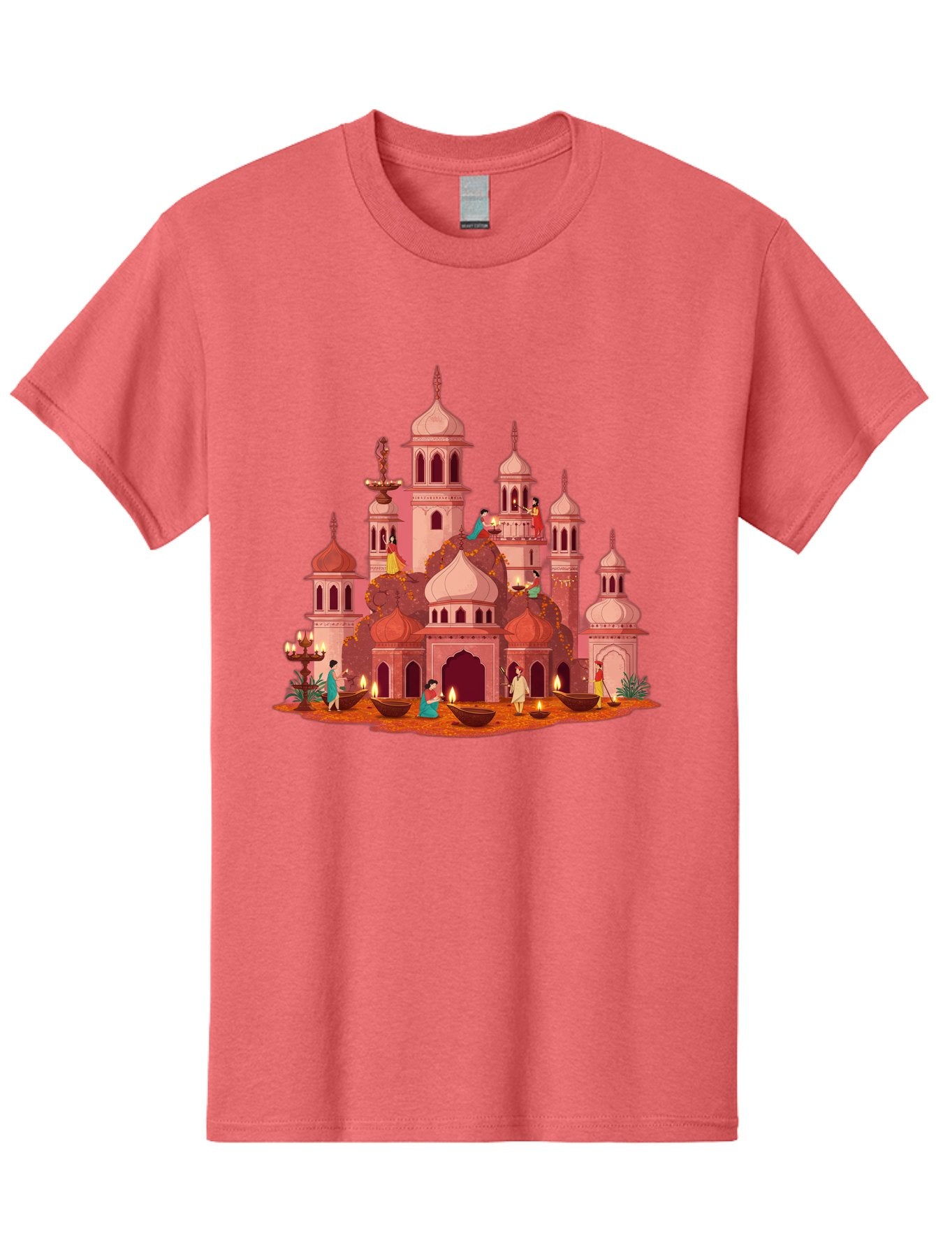 Pink-Palace Men'S Graphic Tee, 100% Cotton, Comfortable Casual Summer Wear, Machine Washable, Pink Castle, Royal Architecture, Ornate Towers, Domed Roofs, People In Traditional Attire, Serene Atmosphere, Lit Candles, Bronze Bowls, Bad435 12