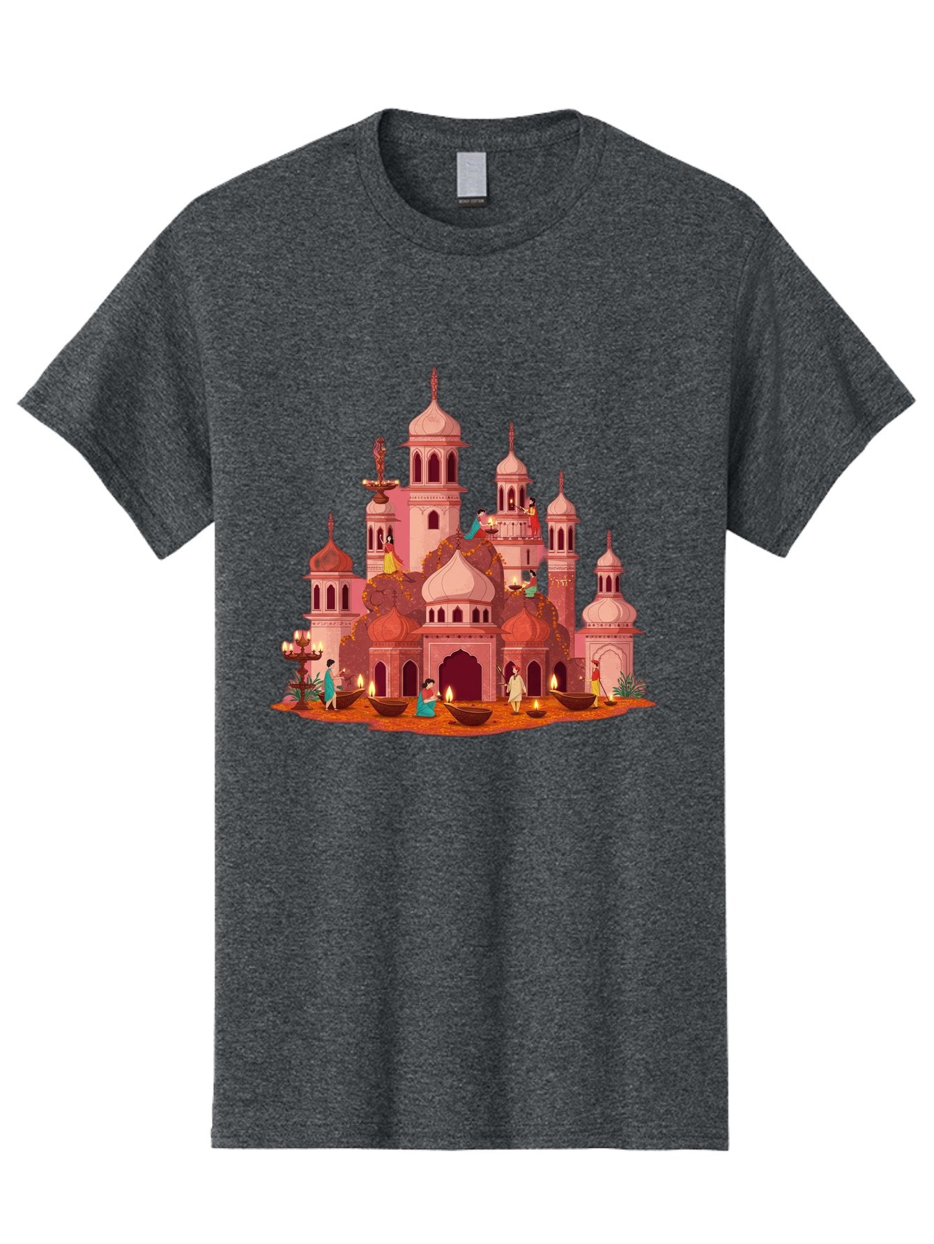 Pink-Palace Men'S Graphic Tee, 100% Cotton, Comfortable Casual Summer Wear, Machine Washable, Pink Castle, Royal Architecture, Ornate Towers, Domed Roofs, People In Traditional Attire, Serene Atmosphere, Lit Candles, Bronze Bowls, Bad435