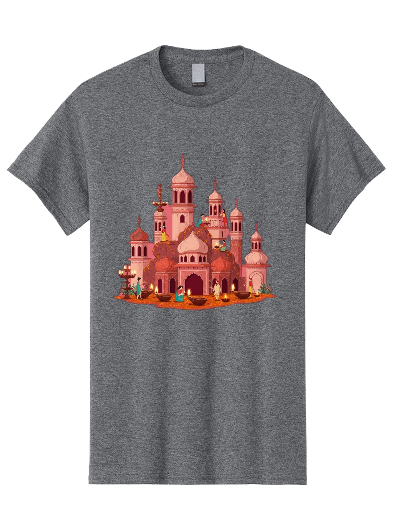 Pink-Palace Men'S Graphic Tee, 100% Cotton, Comfortable Casual Summer Wear, Machine Washable, Pink Castle, Royal Architecture, Ornate Towers, Domed Roofs, People In Traditional Attire, Serene Atmosphere, Lit Candles, Bronze Bowls, Bad435 7
