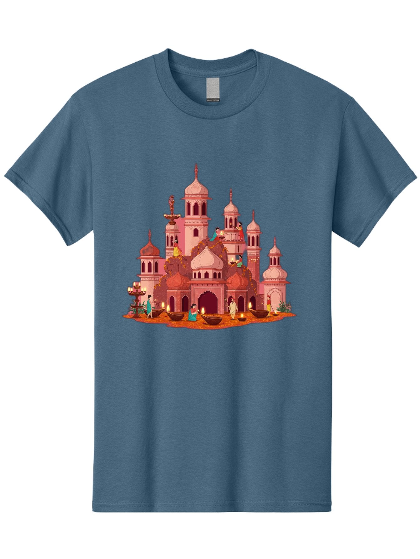 Pink-Palace Men'S Graphic Tee, 100% Cotton, Comfortable Casual Summer Wear, Machine Washable, Pink Castle, Royal Architecture, Ornate Towers, Domed Roofs, People In Traditional Attire, Serene Atmosphere, Lit Candles, Bronze Bowls, Bad435 13