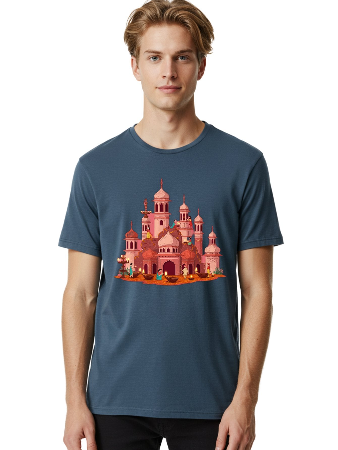 Pink-Palace Men'S Graphic Tee, 100% Cotton, Comfortable Casual Summer Wear, Machine Washable, Pink Castle, Royal Architecture, Ornate Towers, Domed Roofs, People In Traditional Attire, Serene Atmosphere, Lit Candles, Bronze Bowls, Bad435 20