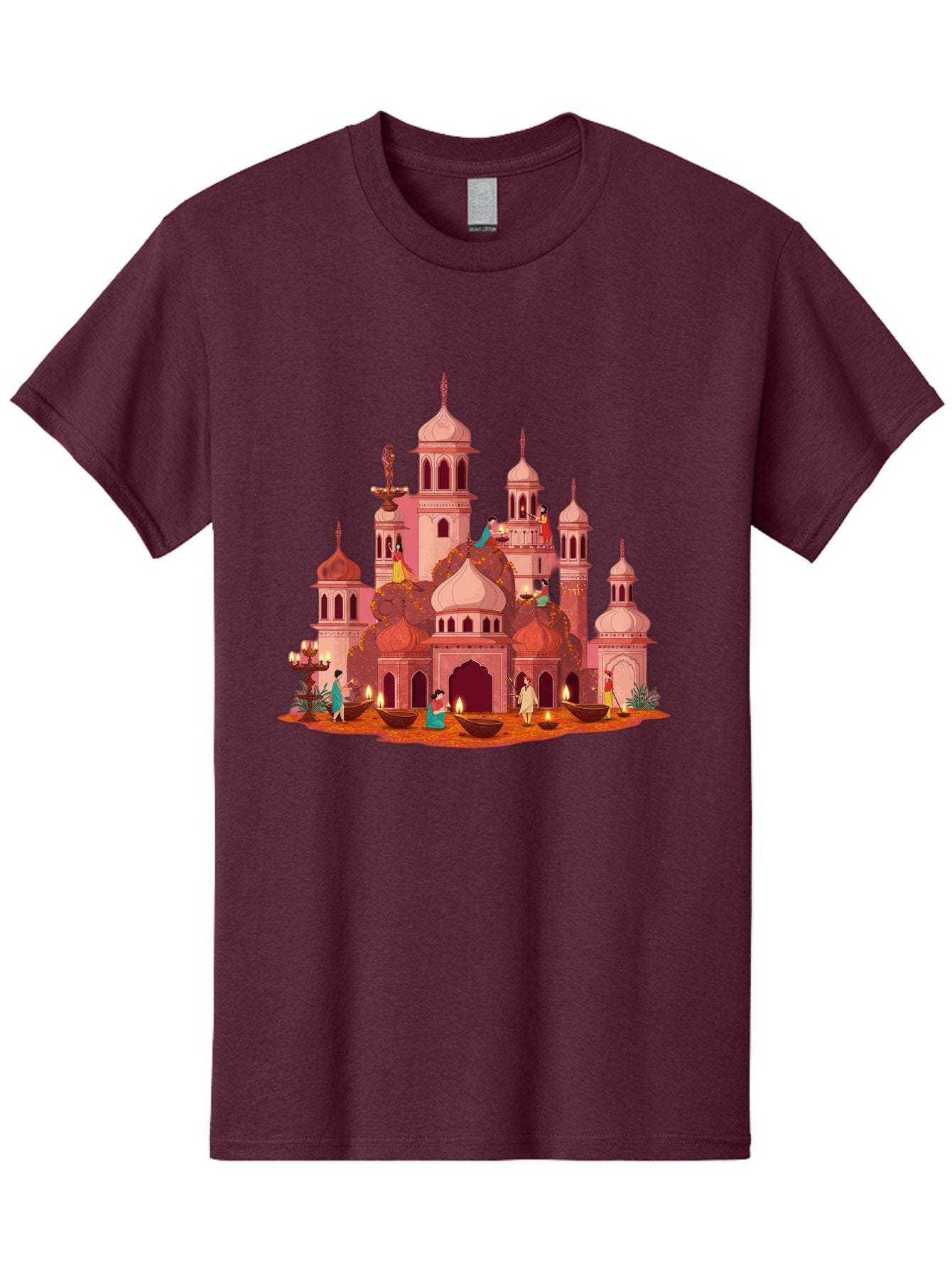 Pink-Palace Men'S Graphic Tee, 100% Cotton, Comfortable Casual Summer Wear, Machine Washable, Pink Castle, Royal Architecture, Ornate Towers, Domed Roofs, People In Traditional Attire, Serene Atmosphere, Lit Candles, Bronze Bowls, Bad435