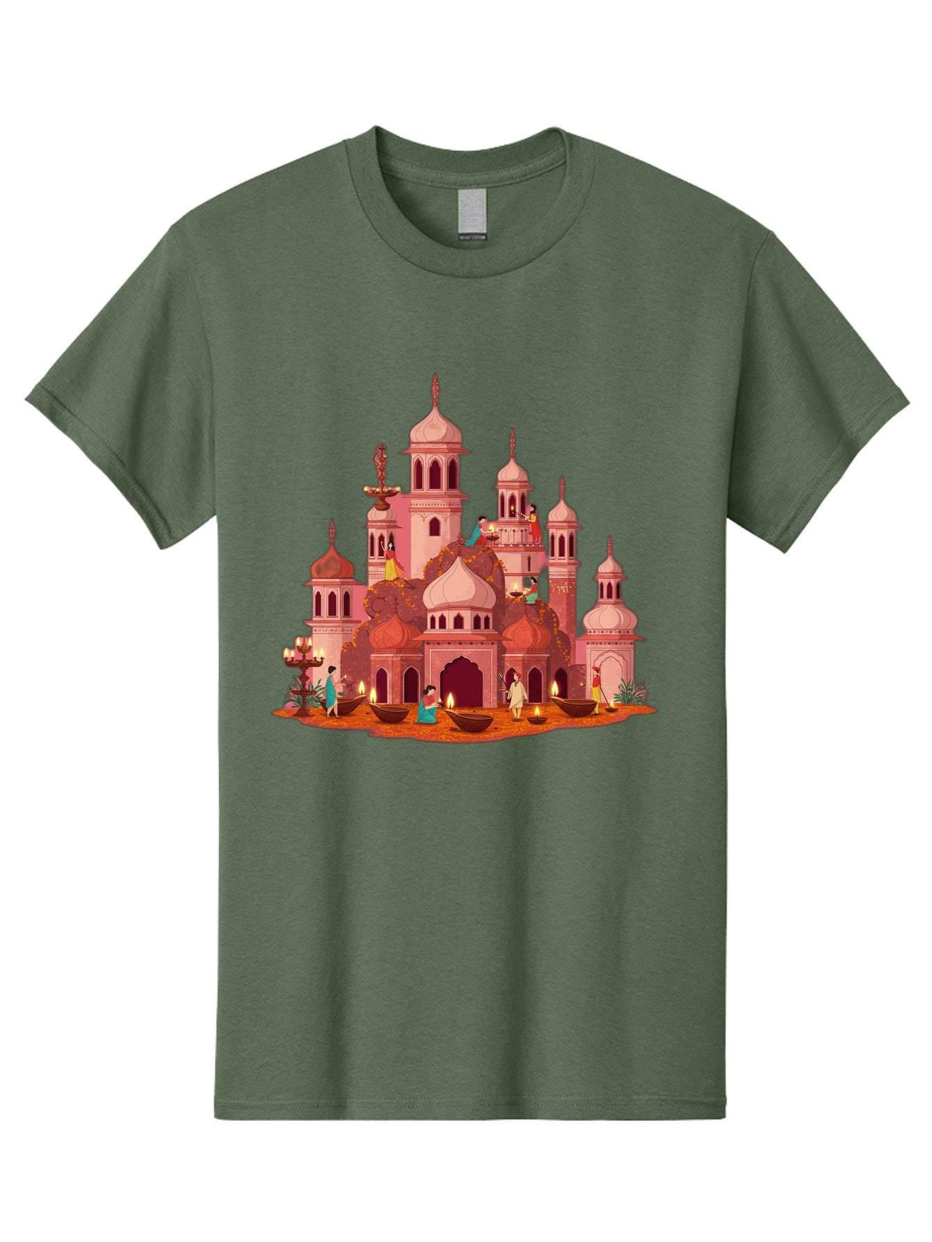Pink-Palace Men'S Graphic Tee, 100% Cotton, Comfortable Casual Summer Wear, Machine Washable, Pink Castle, Royal Architecture, Ornate Towers, Domed Roofs, People In Traditional Attire, Serene Atmosphere, Lit Candles, Bronze Bowls, Bad435 15