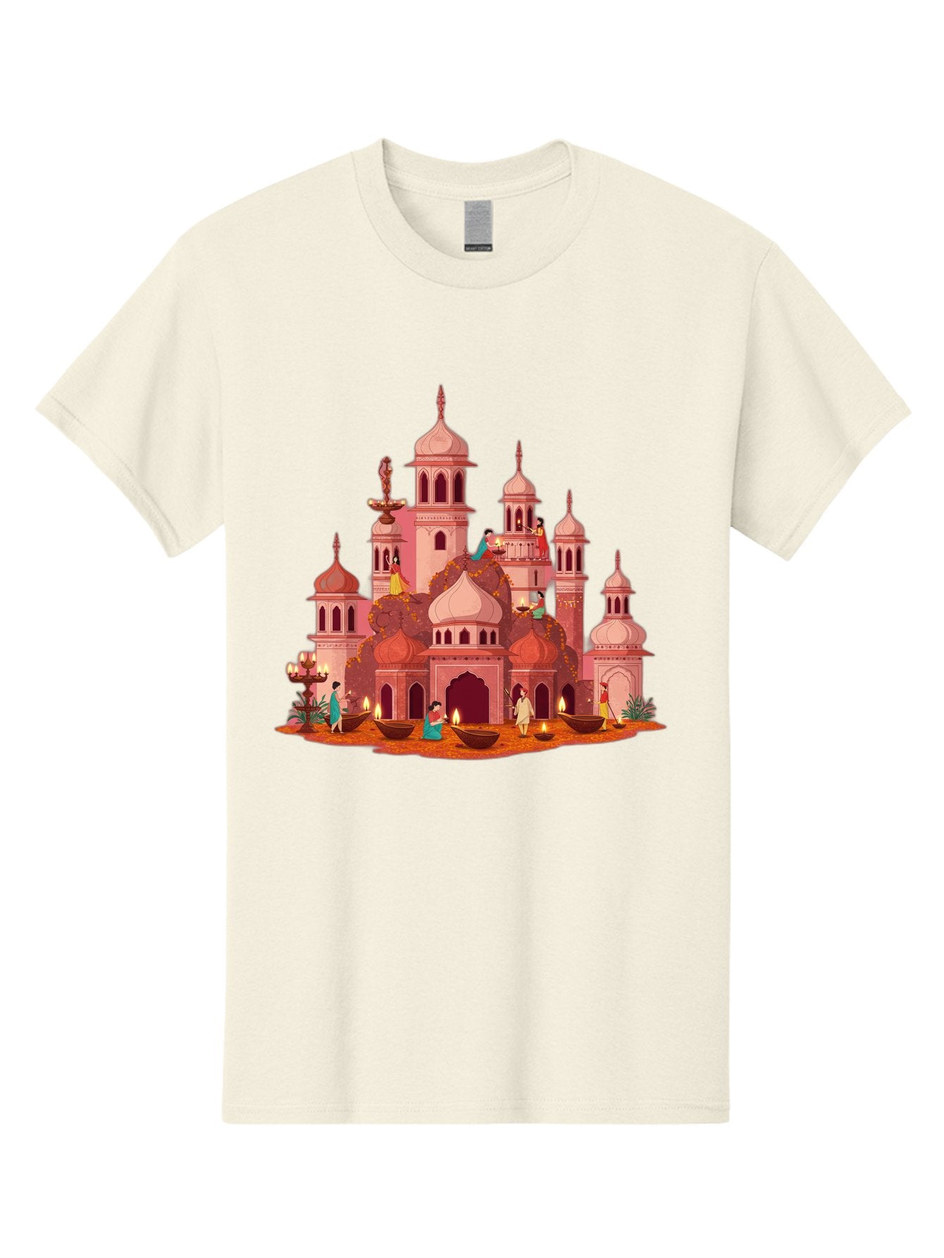 Pink-Palace Men'S Graphic Tee, 100% Cotton, Comfortable Casual Summer Wear, Machine Washable, Pink Castle, Royal Architecture, Ornate Towers, Domed Roofs, People In Traditional Attire, Serene Atmosphere, Lit Candles, Bronze Bowls, Bad435 4